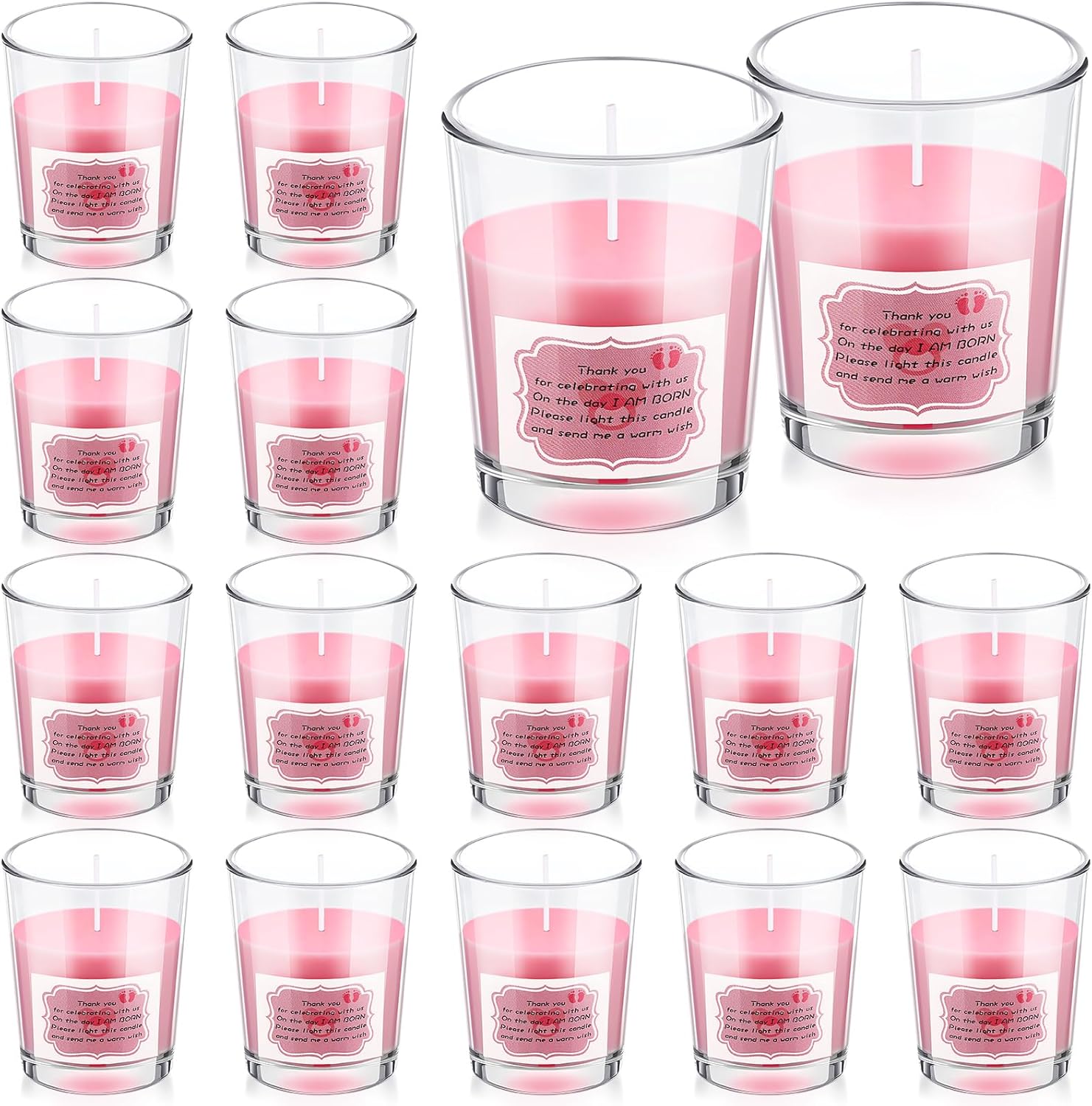 16 piezas de regalos de baby shower, regalos de agradecimiento, velas votivas de 1.7 onzas, velas votivas de vidrio transparente, regalos de