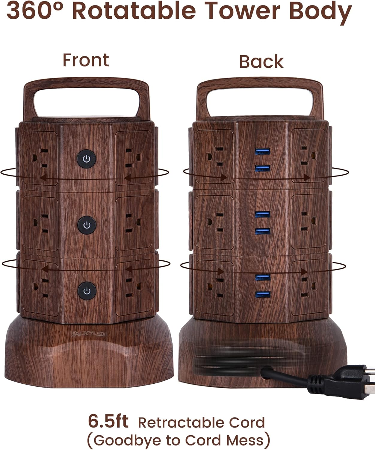 JACKYLED Regleta protectora contra sobretensiones con cable de extensión de 6.5 pies, 6 puertos USB y 12 salidas de CA, estación de carga eléctrica