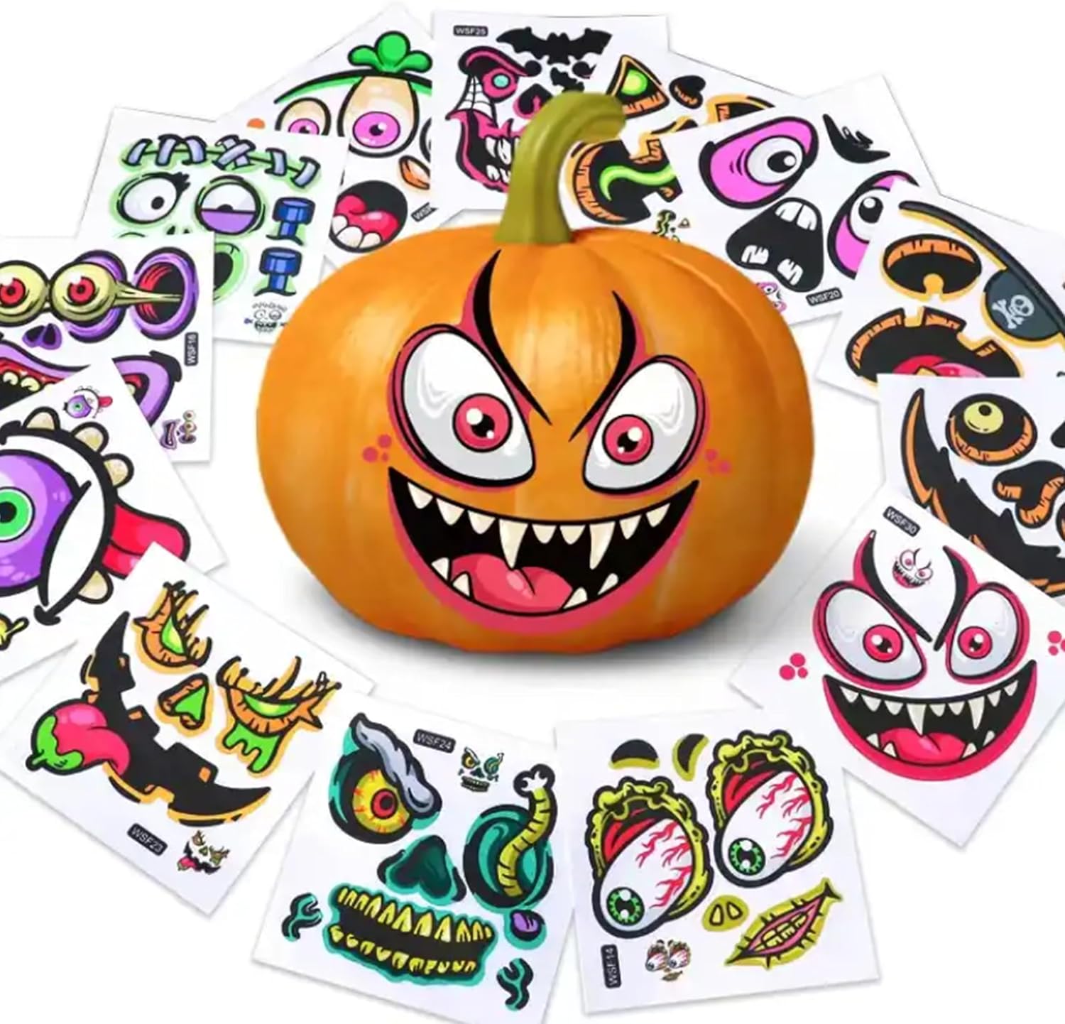 Calcomanías de calabaza de Halloween para niños, 30 calcomanías de vinilo de cara de calabaza para niños, calcomanías vibrantes que no se repiten