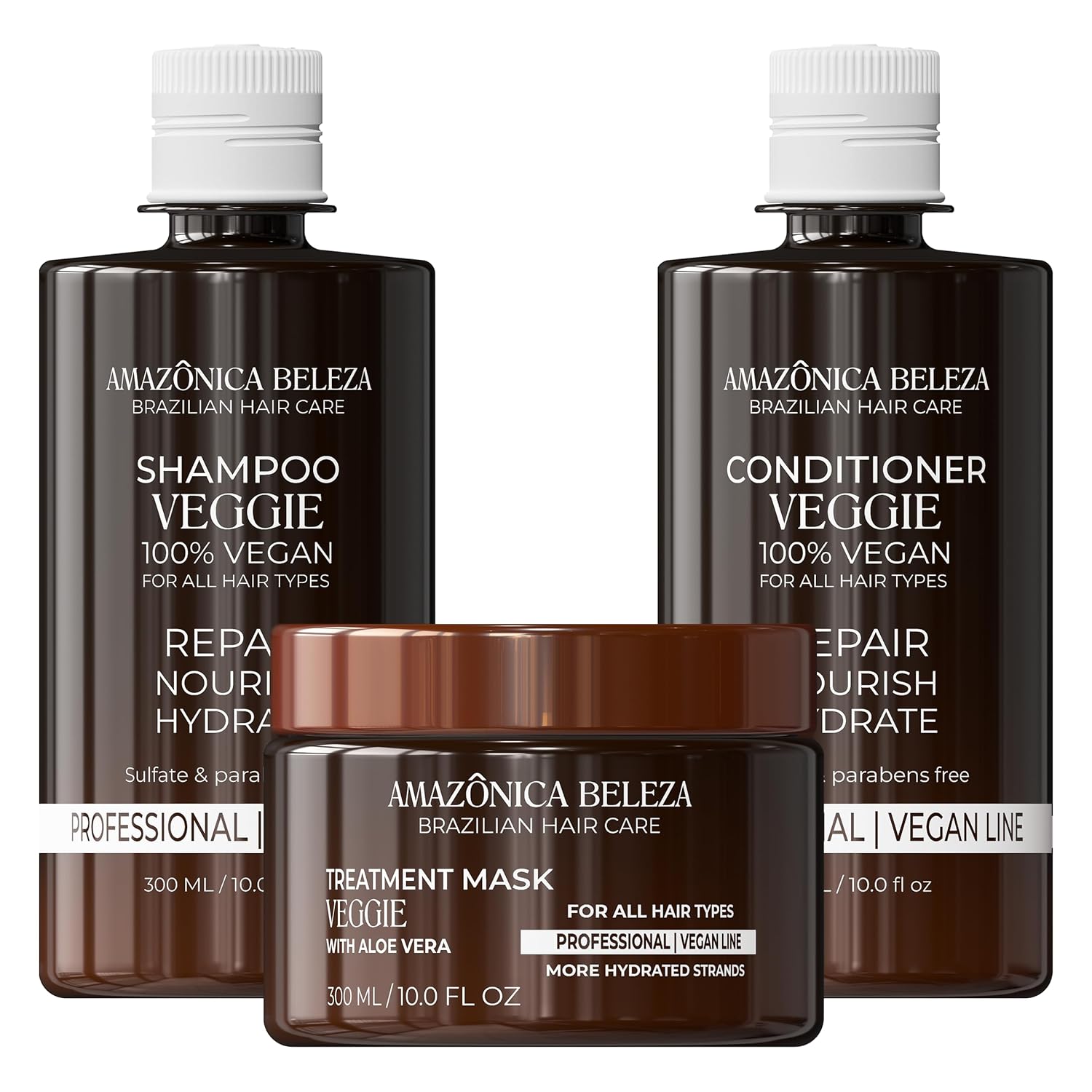 AMAZONICA BELEZA – Kit de refinador de verduras veganas, nutre, hidrata y repara, sin sulfatos, parabenos y crueldad, champú, acondicionador y