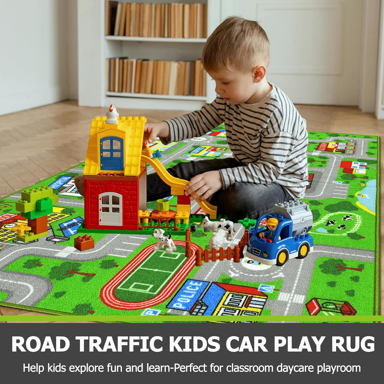 Capslpad Alfombra de juego para niños, antideslizante, 5.2 x 3.3 pies, lavable, con vida en la ciudad, tráfico, carretera, para niños, educativo,