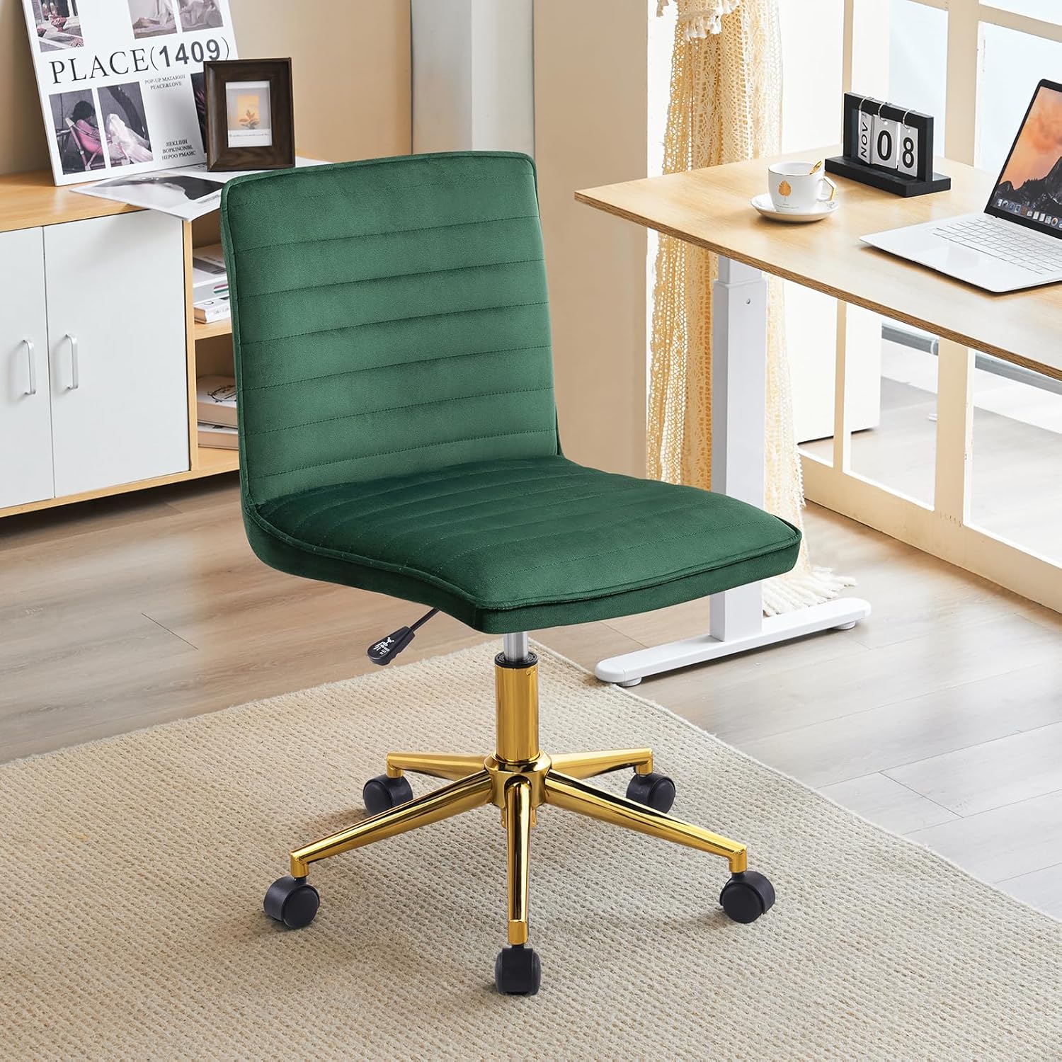 Furnimart Silla de escritorio de terciopelo sin brazos para oficina en casa, sillas de tareas ajustables, silla de oficina tapizada giratoria