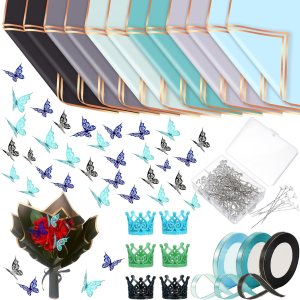 Qilery 243 piezas de papel de regalo para ramo de flores, impermeable, suministros de floristería con decoración de mariposas, coronas, cintas, Qilery 243 piezas de papel de regalo para ramo de flores, impermeable, suministros de floristería con decoración de mariposas, coronas, cintas,