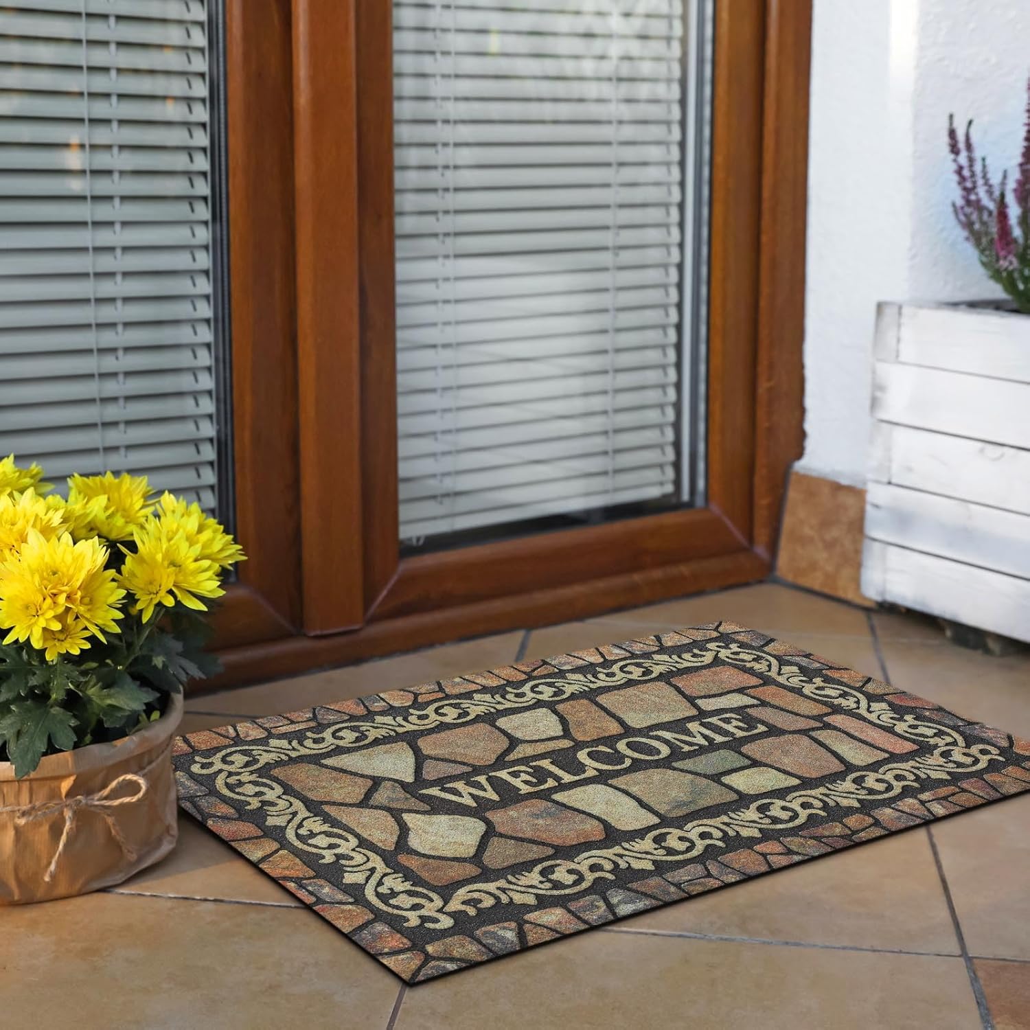 Tapete retro para puerta, 17 x 30 pulgadas, color beige, tapete decorativo para el hogar, parte trasera de goma antideslizante y fuerte absorción de