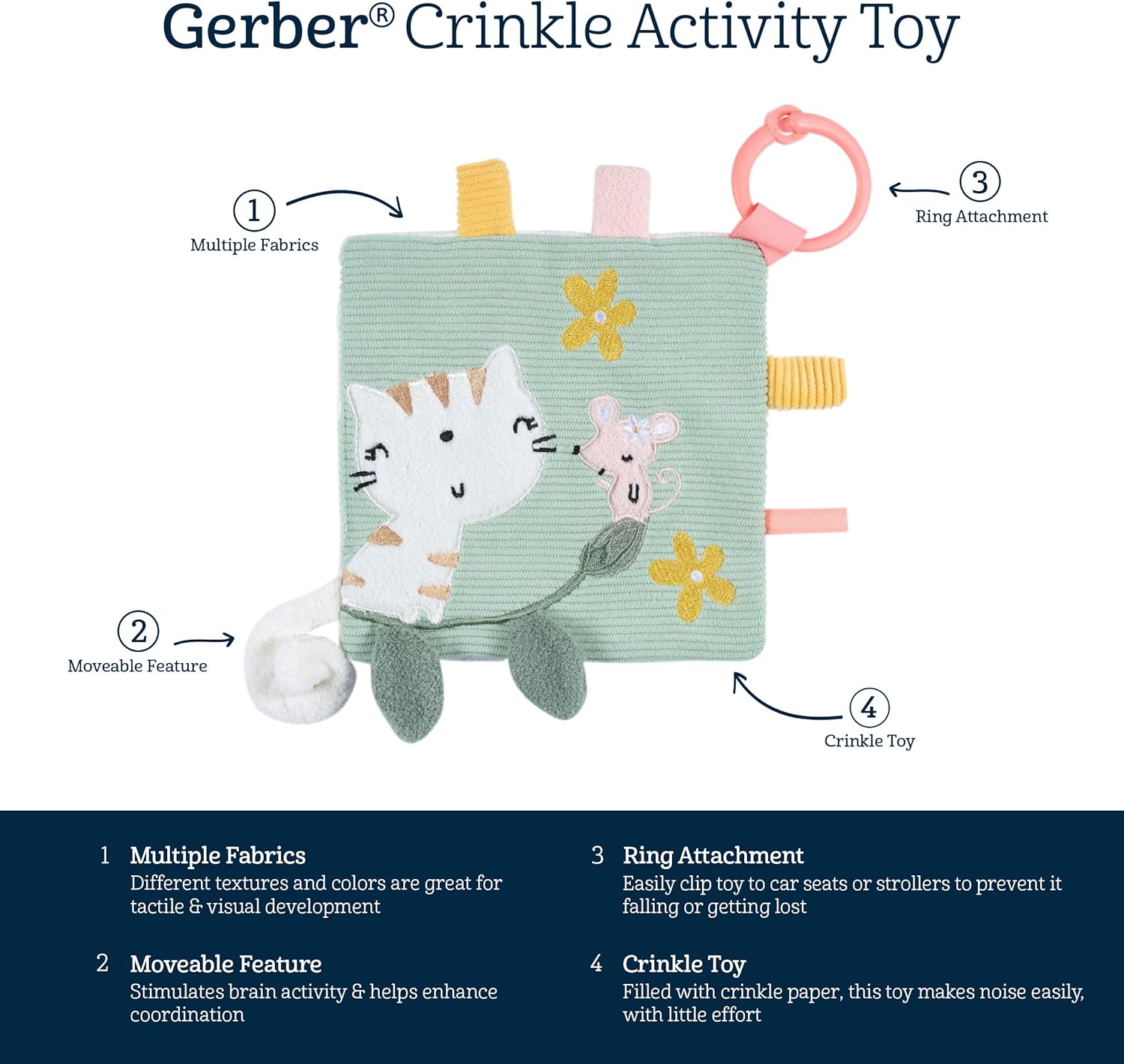 Gerber Juguete suave para bebé con anillo de dentición, gatito, talla única