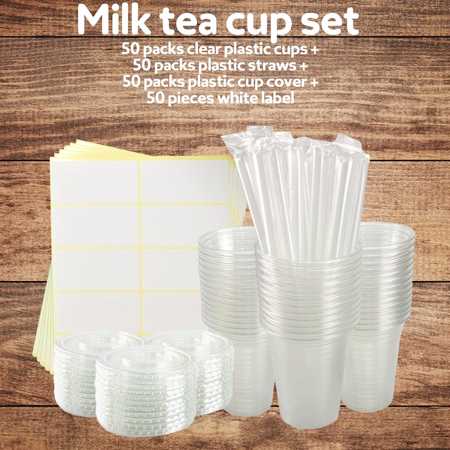 50 juegos de vasos de plástico transparente con tapas planas, tazas de café desechables de 16 onzas con pajitas y calcomanías, tazas de plástico