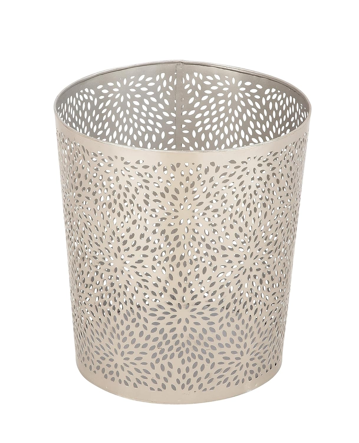 Deco 79 CosmoLiving by Cosmopolitan – Cubo de basura pequeño de metal con diseño floral tallado con láser, 9 x 9 x 10 pulgadas, color plateado
