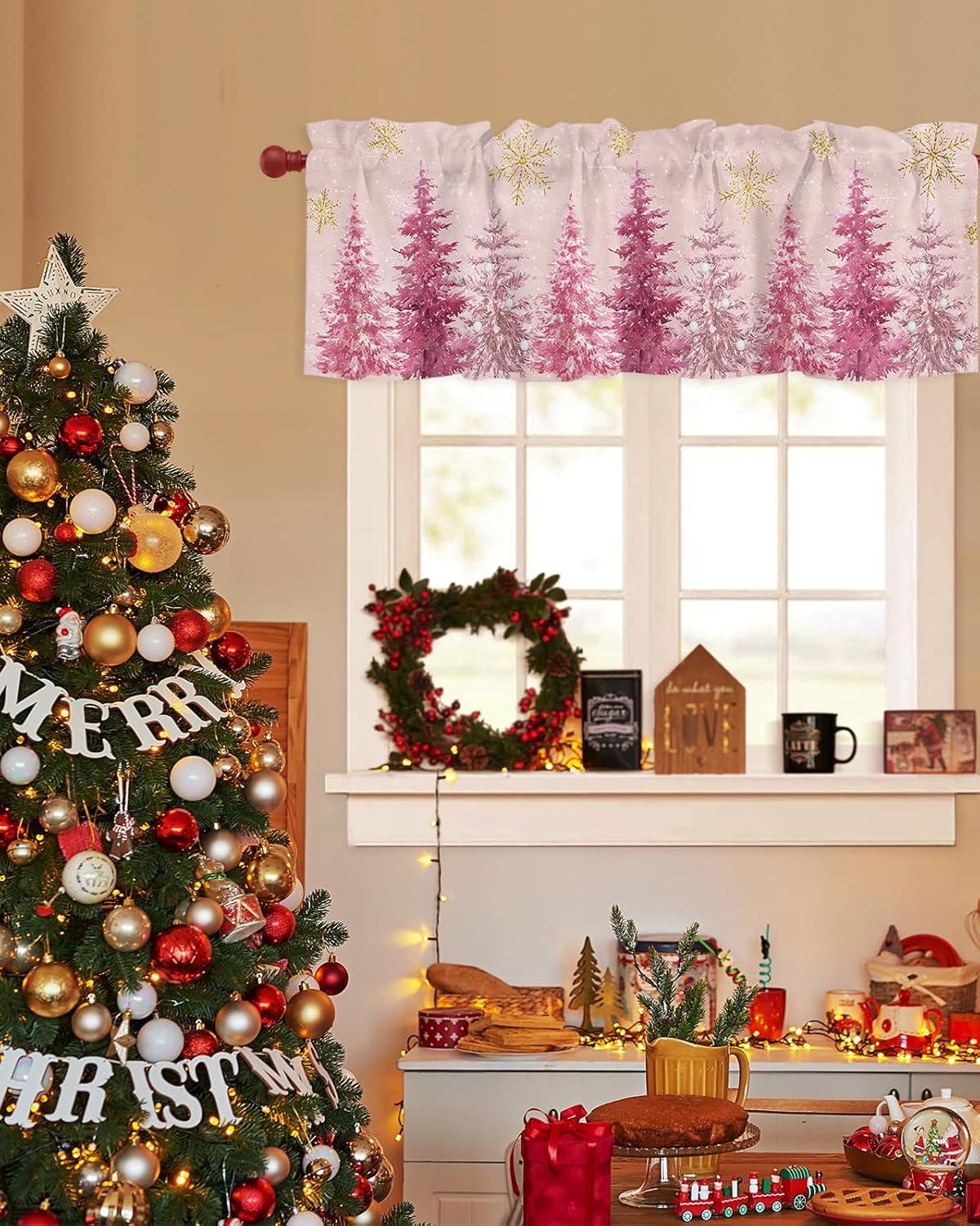 Cortinas de árbol de Navidad rosas para ventanas de sala de estar, cortinas de copo de nieve de invierno y cenefas para dormitorio, cortinas de
