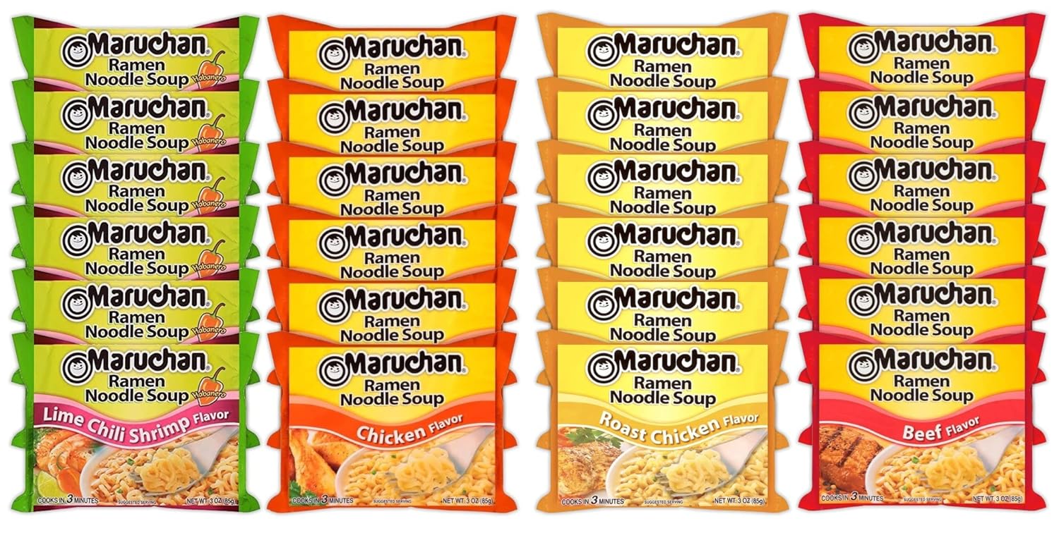 Maruchan Ramen – Mezcla variada de sopa de fideos instantáneos, 24 paquetes, 4 sabores, paquete de 6 camarones con chile lima, paquete de 6 pollo,
