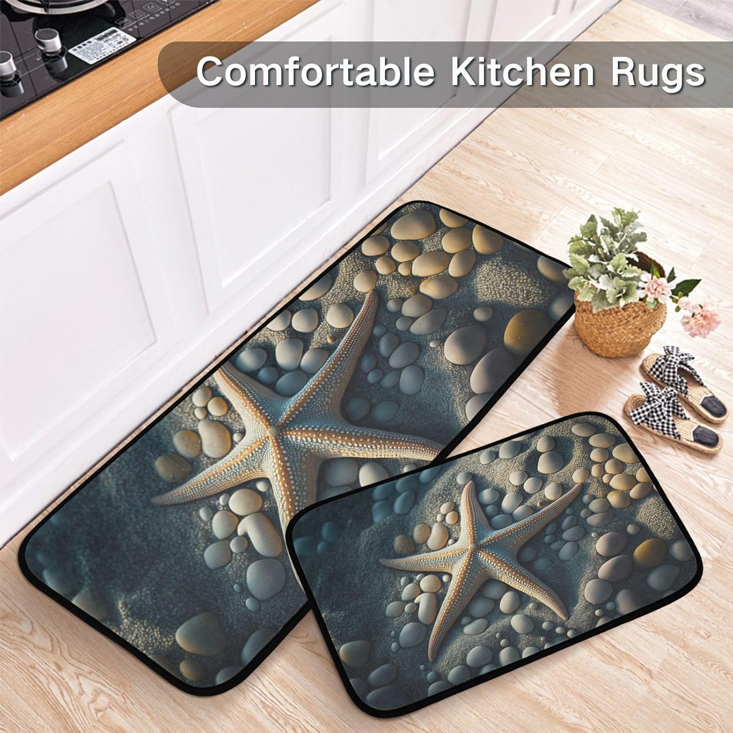 Tapete de cocina, 2 unidades (playa de estrellas de mar), acolchado, antifatiga, impermeable, antideslizante, tapete de cocina ergonómico, cómodo,