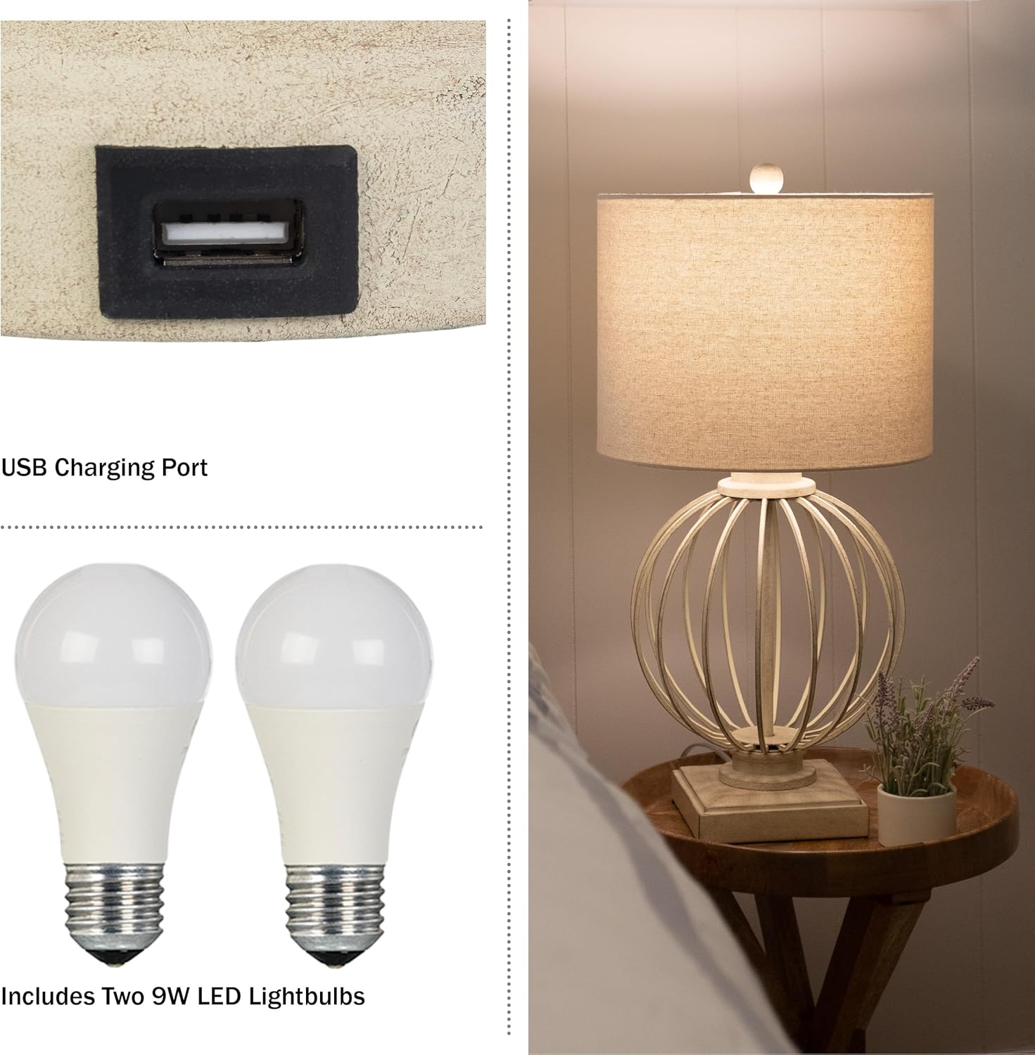 Lavish Home Juego de 2 lámparas de mesa – Lámparas modernas con puertos de carga USB y bombillas LED – para decoración de sala de estar, oficina o