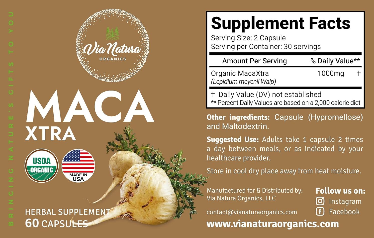 Via Natura Organics Maca Xtra Cápsulas 1000mg  Suplemento de hierbas orgánicas  Fuente natural de aminoácidos hierro y magnesio  60 cápsulas