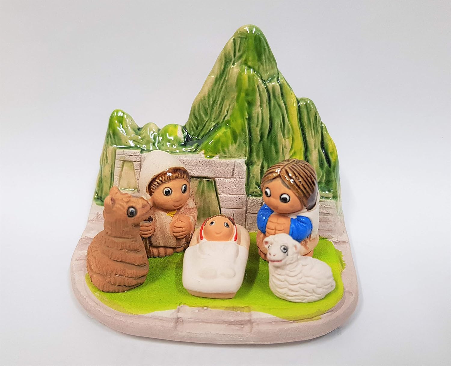 Machu Picchu Nativity Scene – Handmade in Clay – 1 block – 3.15″X2.15″X3.15″ high, Peru, Ruins, Incas, Andes, Llama, Sheep, Peruvian