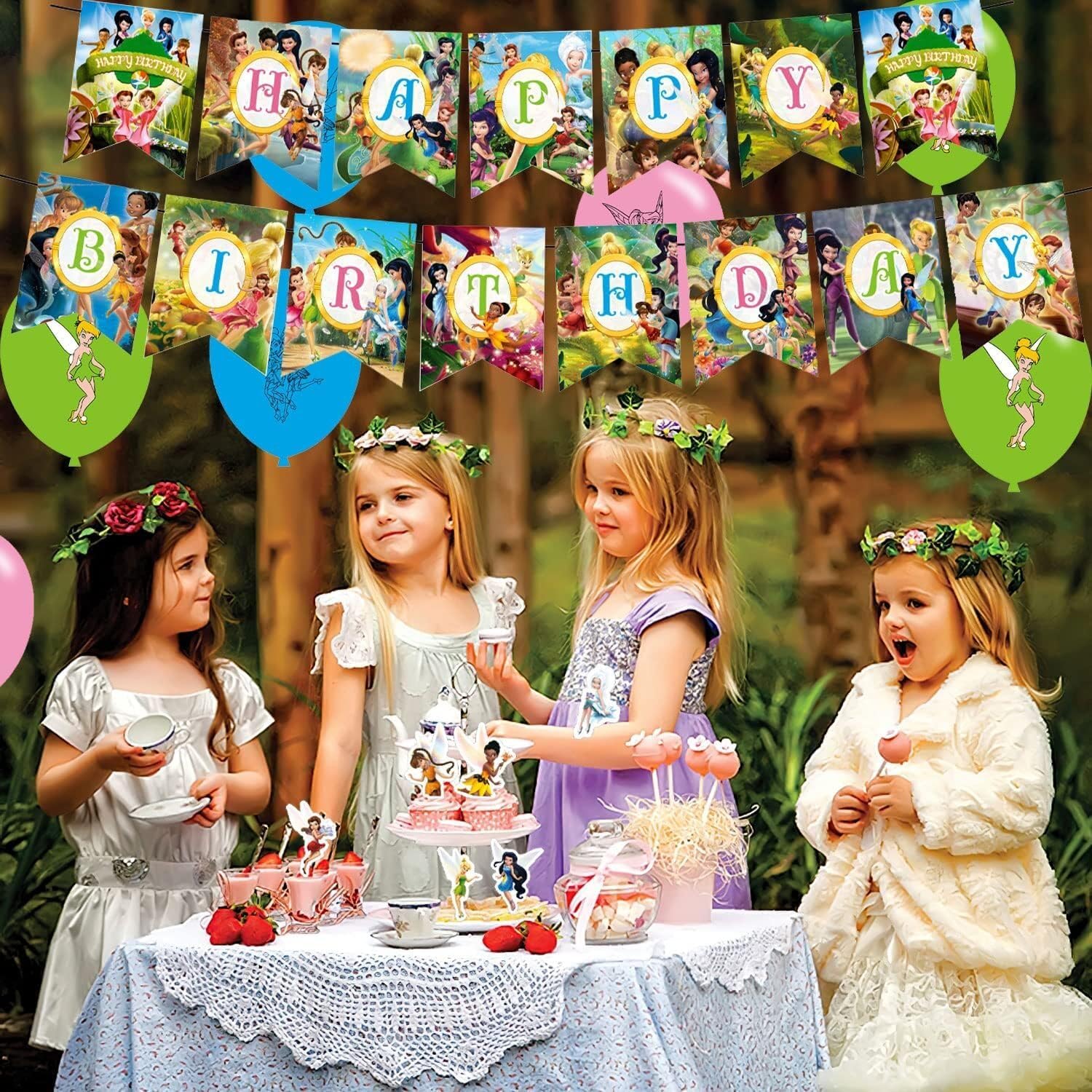 Tinker Bell – Decoraciones de fiesta de cumpleaños, suministros de fiesta de películas de hadas, incluye pancarta, decoraciones para pasteles,