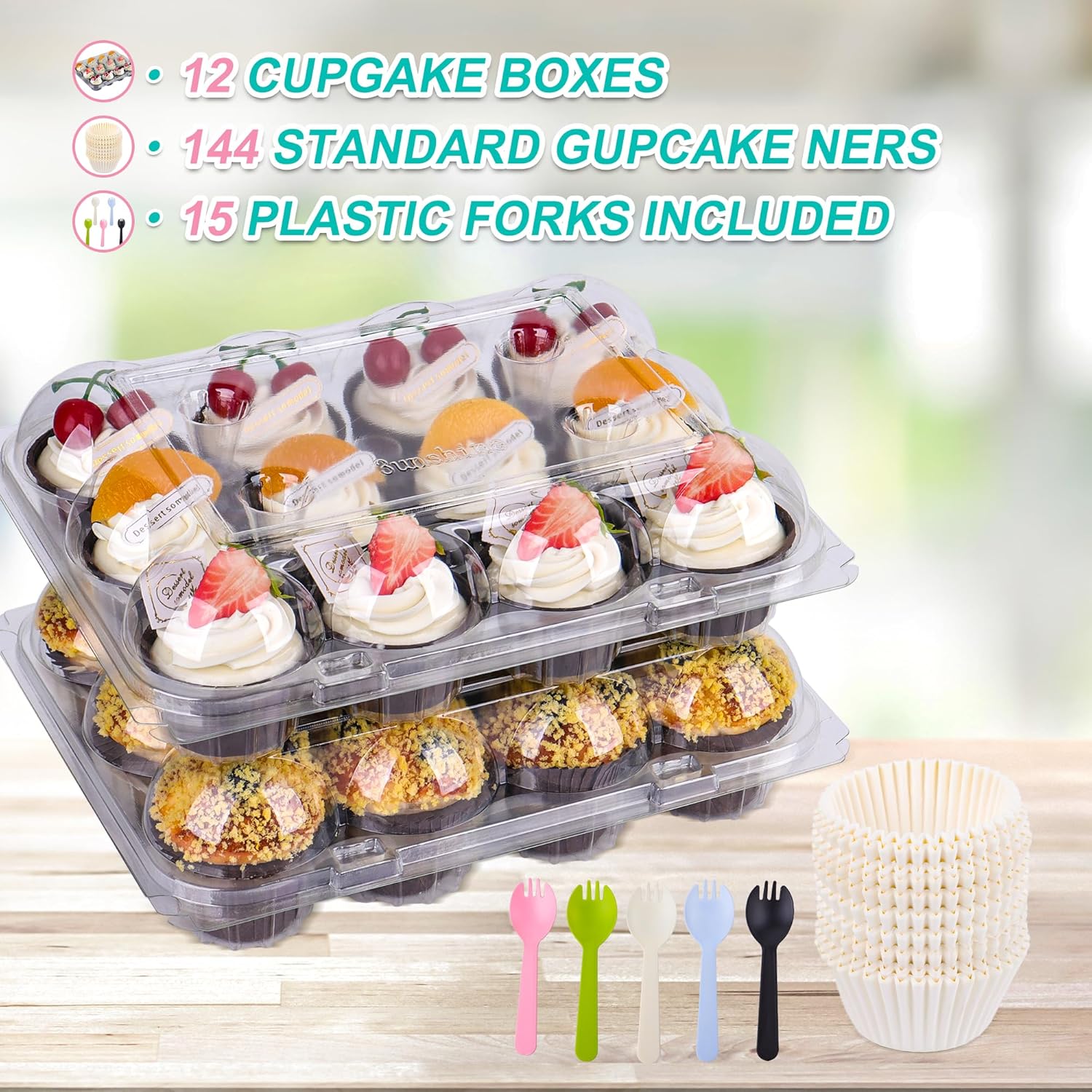 AUKUS (12 paquetes de 12 juegos de recipientes para cupcakes, soportes para cupcakes, cúpula profunda, desechables transparentes con 150 forros para