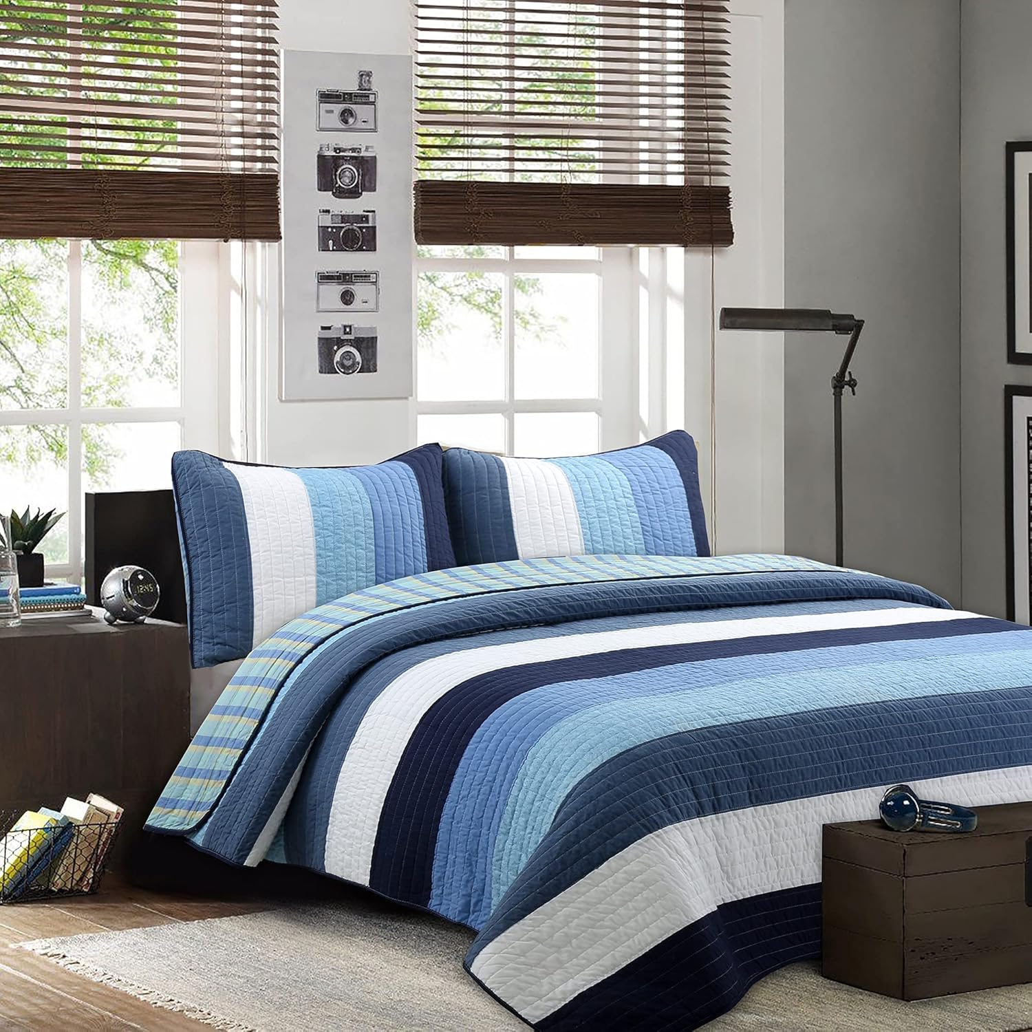 Cozy Line Home Fashions Juego de ropa de cama reversible de 100% algodón a rayas azul marino, colcha (Preston, Queen, 3 piezas)