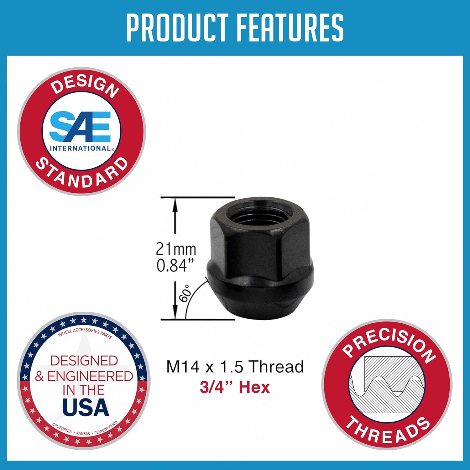 Wheel Accessories Parts 32 piezas de 0.551 in 1.50 14×1.50 rosca de extremo abierto de bellota de 0.827 in 0.84 pulgadas de largo tuerca negra 0.748