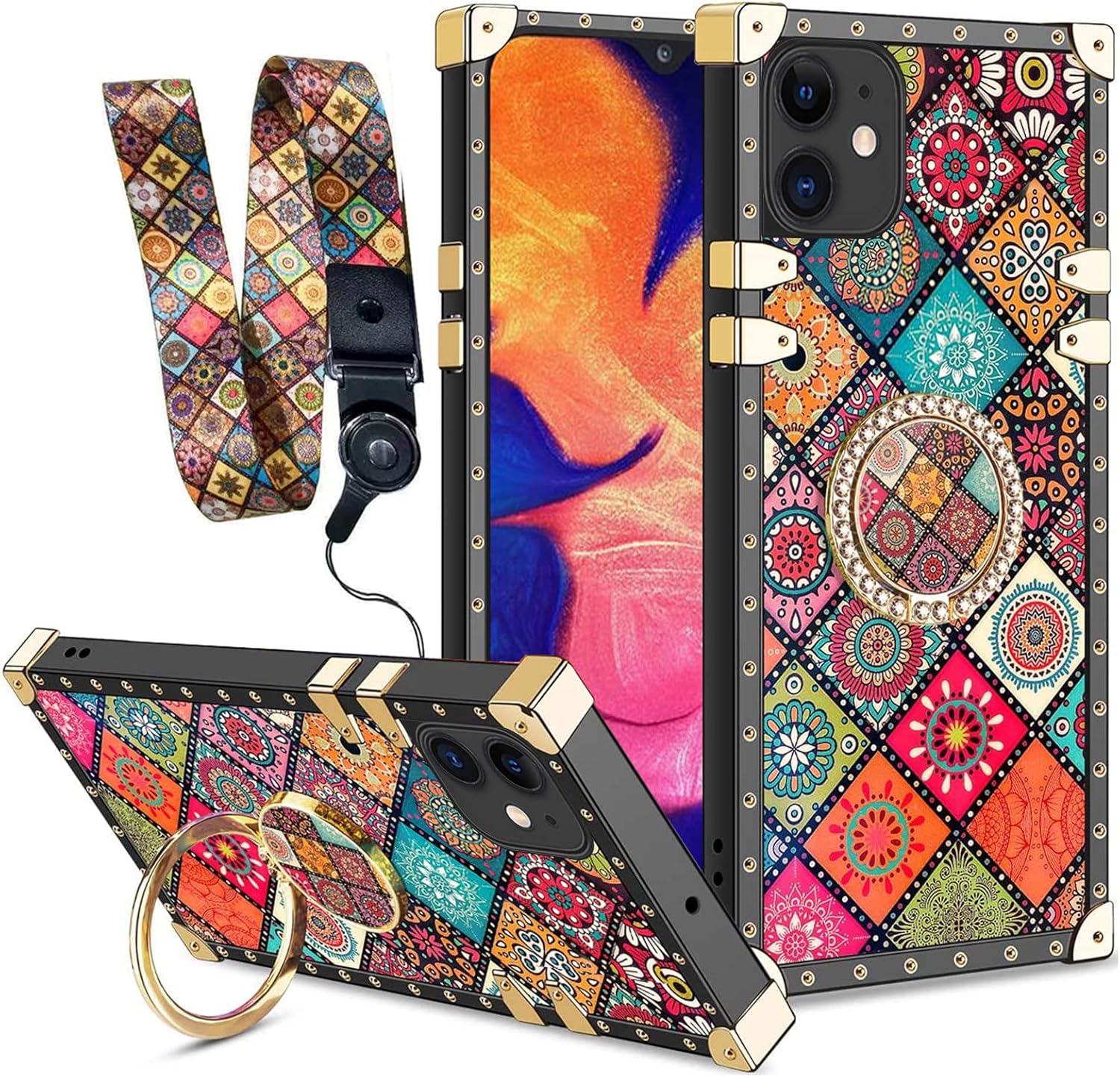 nancheng Funda compatible con iPhone 11 para iPhone 11, bonita funda cuadrada con soporte de anillo, diseño de flores retro, esquinas reforzadas de