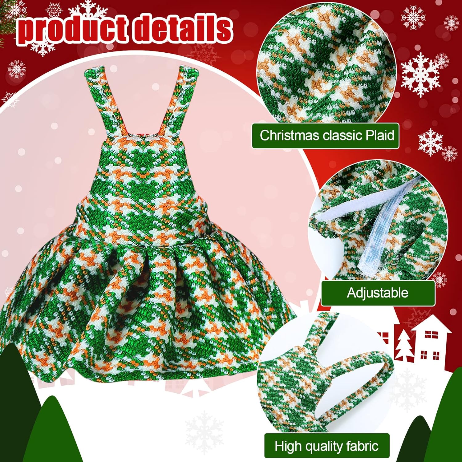 Juego de 4 piezas de accesorios de ropa de muñeca elfo de Navidad para niño y niña, muñeca elfa, falda a cuadros, vestido de elfo de Santa y