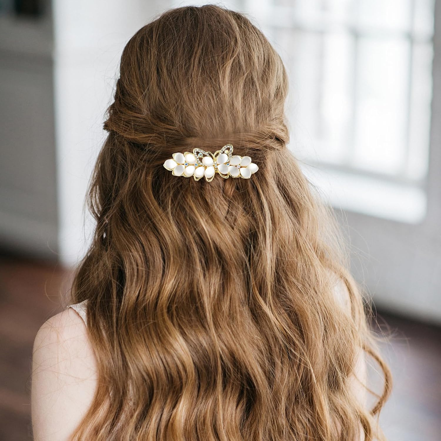 WHAVEL 2 pasadores dorados para el cabello para mujer, pinzas de pelo elegantes con diamantes de imitación, pinzas de flores y mariposas, pinzas