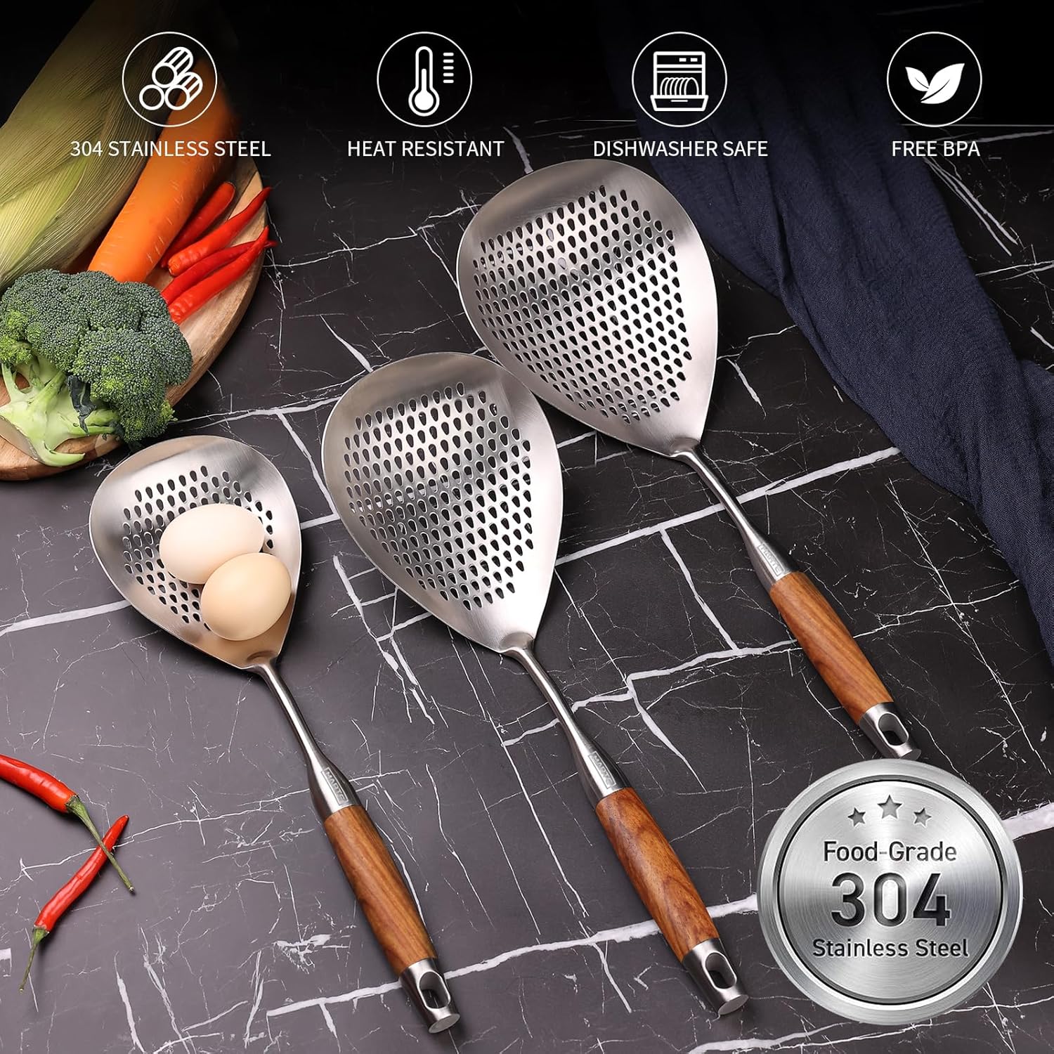 Skimmer – Cuchara ranurada de acero inoxidable 304 de 17 pulgadas para pasta, cuchara para cocinar y freír, cuchara coladora de metal grande con