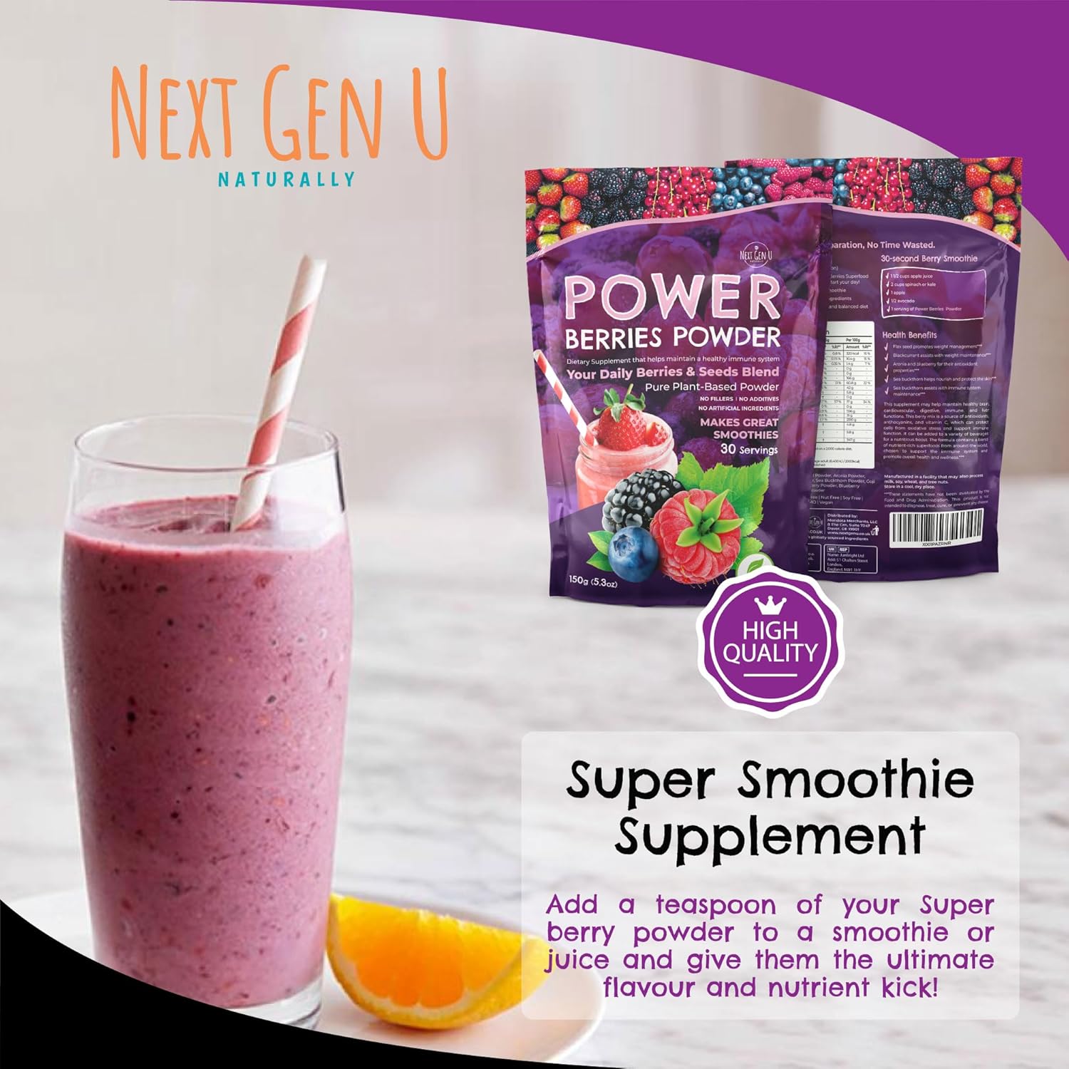 Next Gen U Super Berry Powder 5.29 oz, suplemento alimenticio de apoyo inmunológico, mezcla de batidos de bayas superalimentos para batidos,