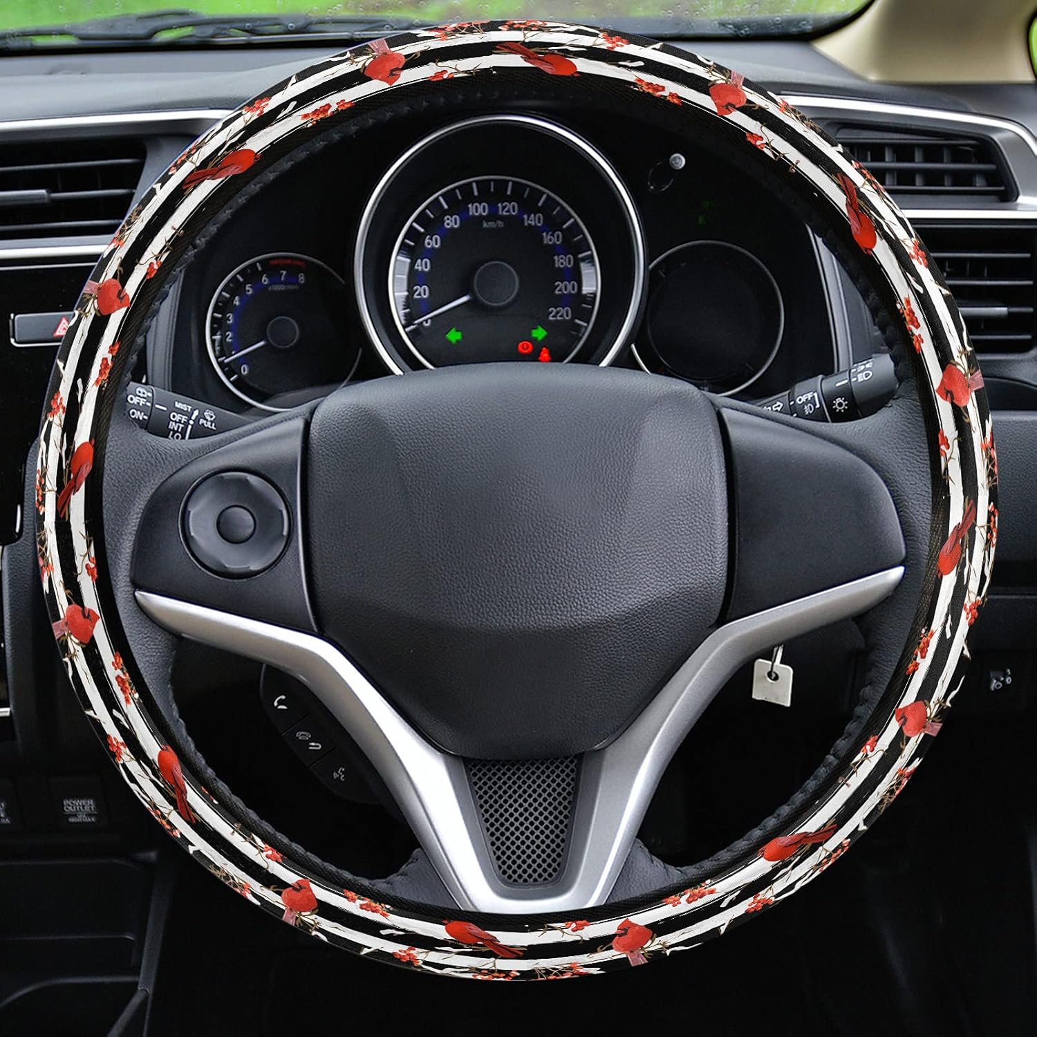 Funda protectora para volante de automóvil, diseño de árbol de bayas y bayas de invierno, diseño de árbol de bayas y negro, con rayas elásticas y