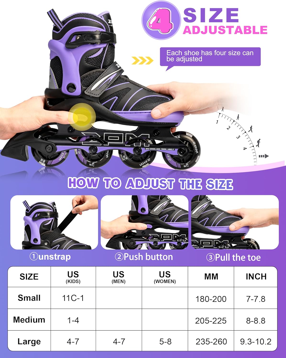 2PM SPORTS Patines en línea ajustables para niños de 4 a 12 años, patines Inlie para niñas y niños de 5 a 8 a 12 años con ruedas de luz completa,