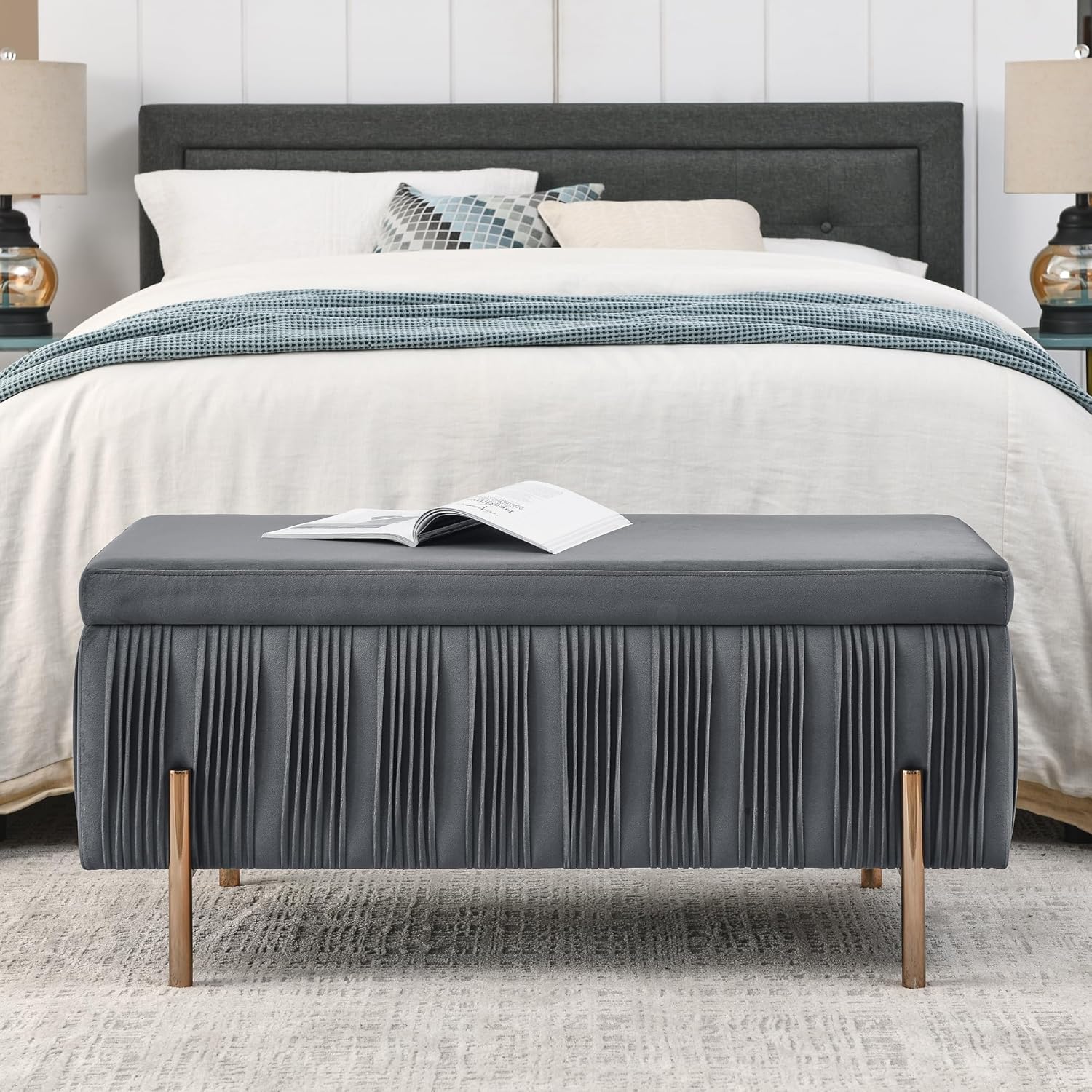 Banco de almacenamiento de terciopelo, moderno banco tapizado para interiores con patas de metal, banco otomano para sala de estar, dormitorio,