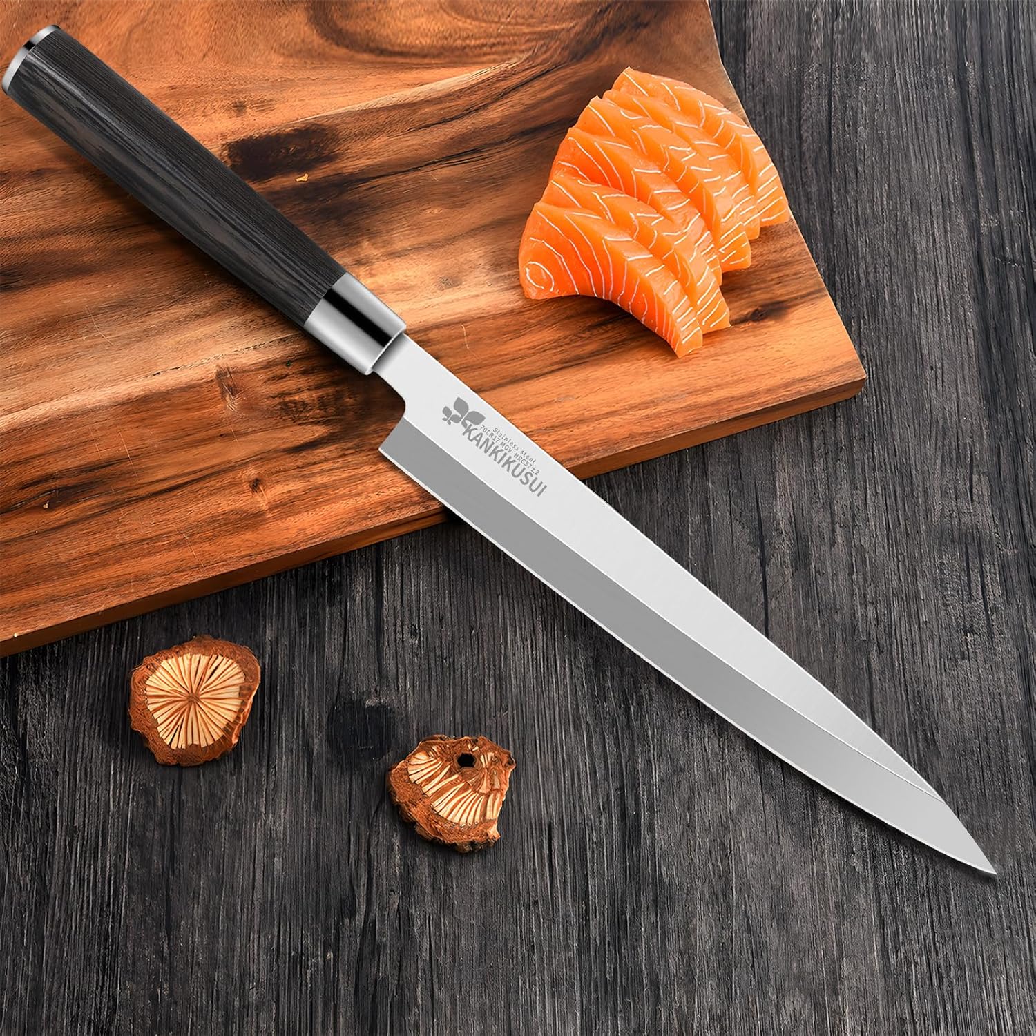 Cuchillo Sashimi, juego de cuchillos de sushi de 9.3 pulgadas con funda, afilador, paño de limpieza, caja de regalo, cuchillo Yanagiba HC 70cr17mov