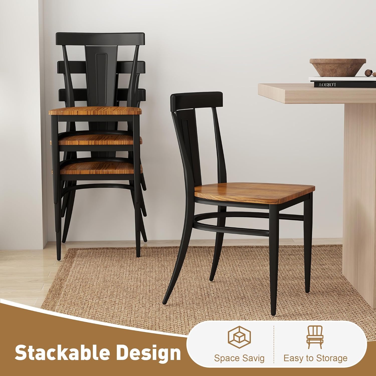 LUCKYERMORE Juego de 2 sillas de comedor de metal resistente, sillas apilables comerciales con asiento de madera, marco de metal, capacidad de 450