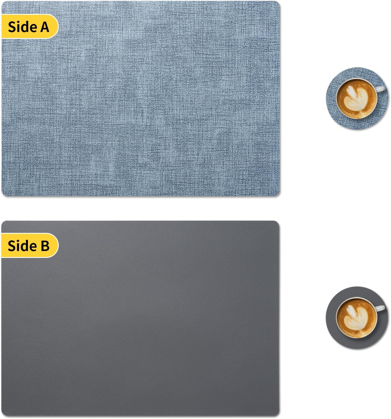 Juego de 2 manteles individuales con posavasos de doble cara, resistentes al calor, resistentes a las manchas, manteles individuales de piel