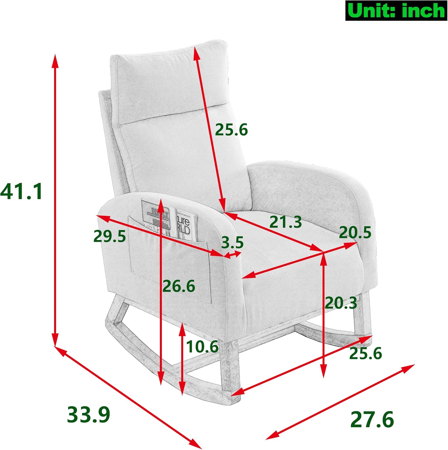 27.6 pulgadas de ancho, moderno acento mecedor, tapizado para habitación del bebé con respaldo alto y reposabrazos, cómodo sillón con dos bolsillos