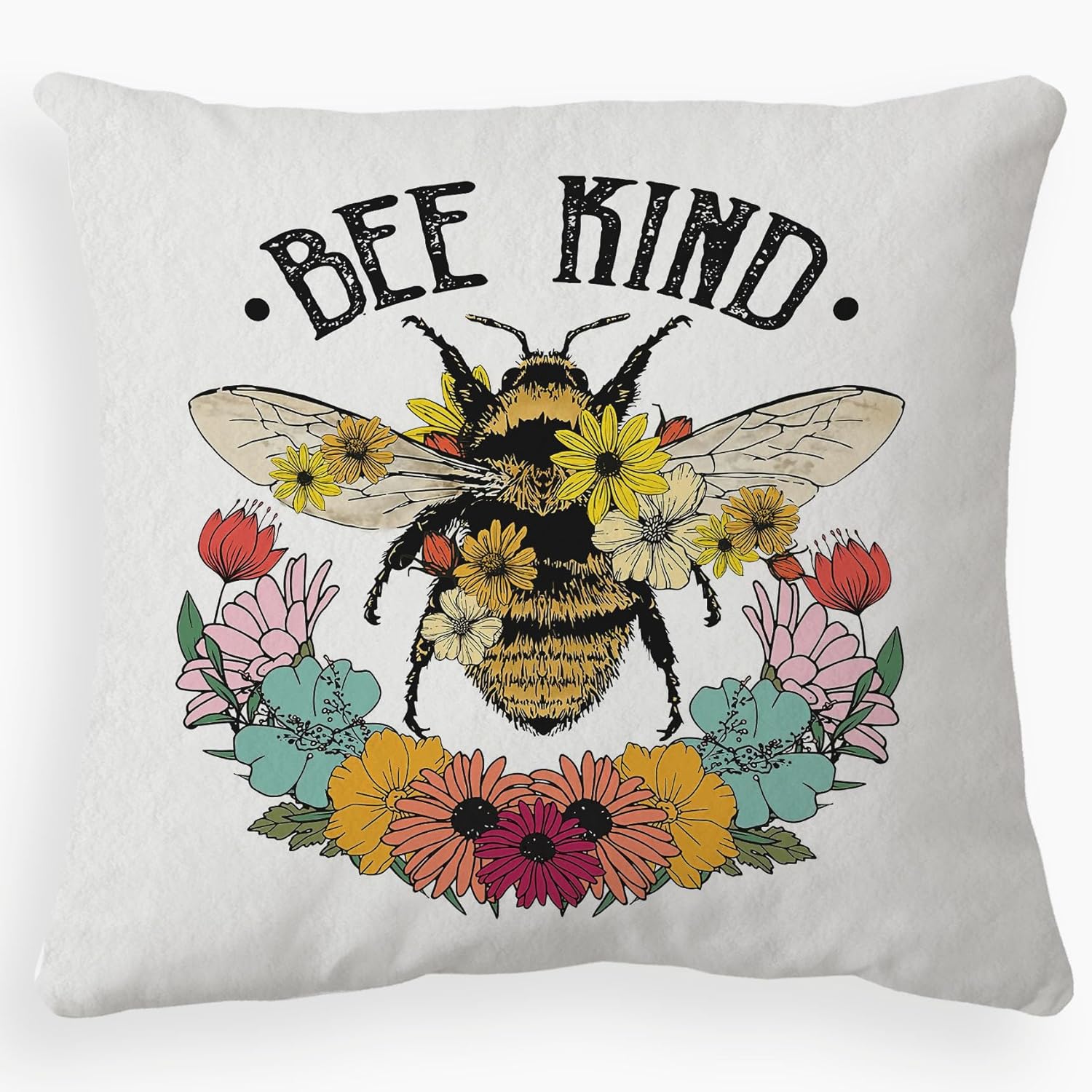 Bee Kind – Funda de almohada de flores silvestres y abeja, 18 x 18 pulgadas, para primavera, verano, decoración del hogar, sala de estar, funda de