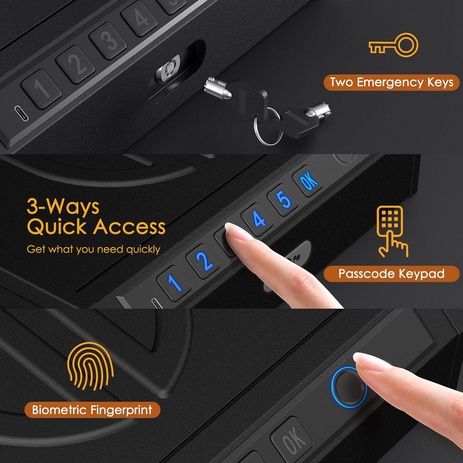 Gun Safe Biometric Handgun Safe, Fingerprint Pistol Safe 3-Ways Quick-Access Gun Safes for Pistols with Key and Keypad, Gun Lock Box for Pistols