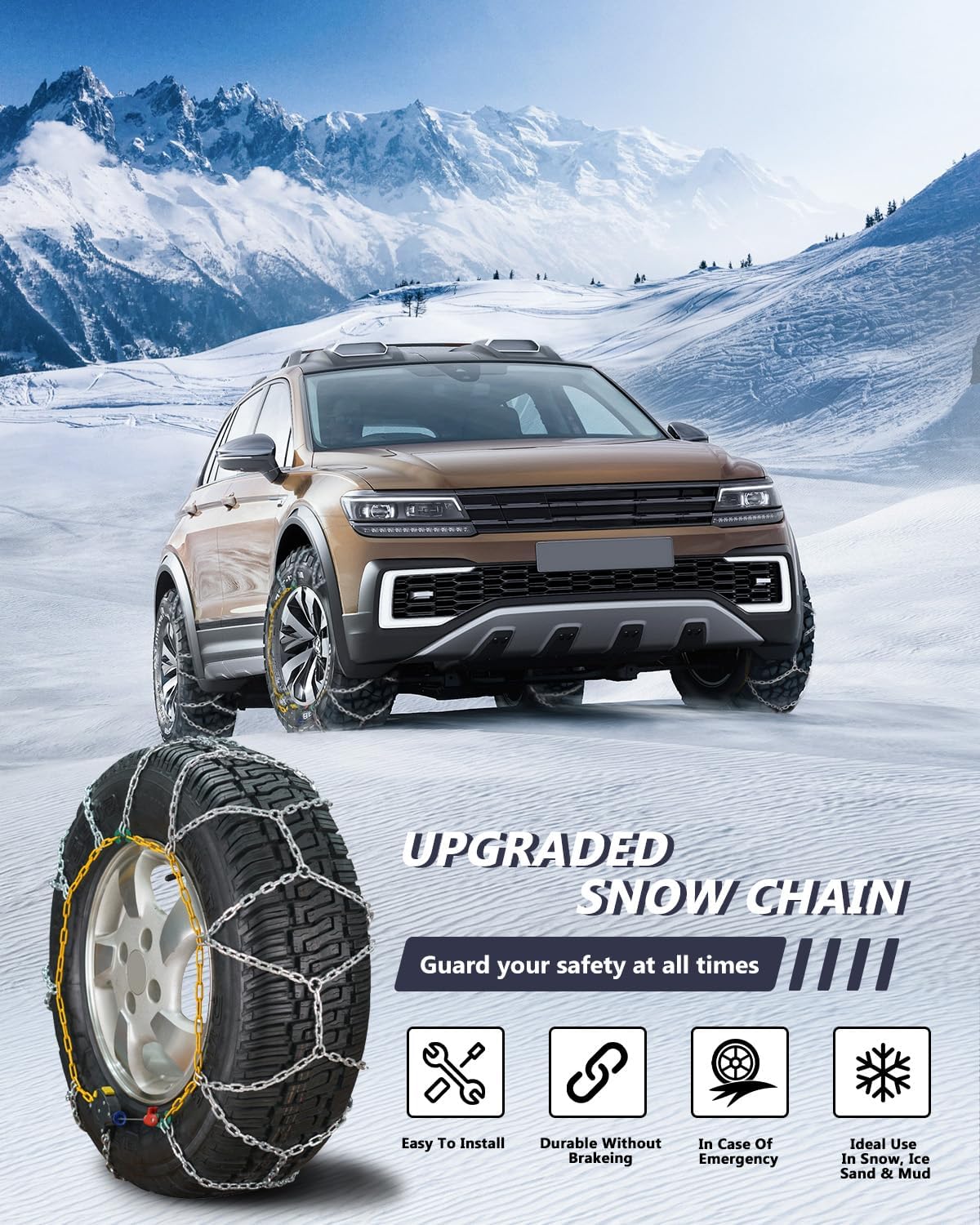 SCITOO HKN100 – Cadenas de nieve de instalación rápida y fácil, cadena de tracción de neumáticos para automóviles, camionetas, SUV, cadenas