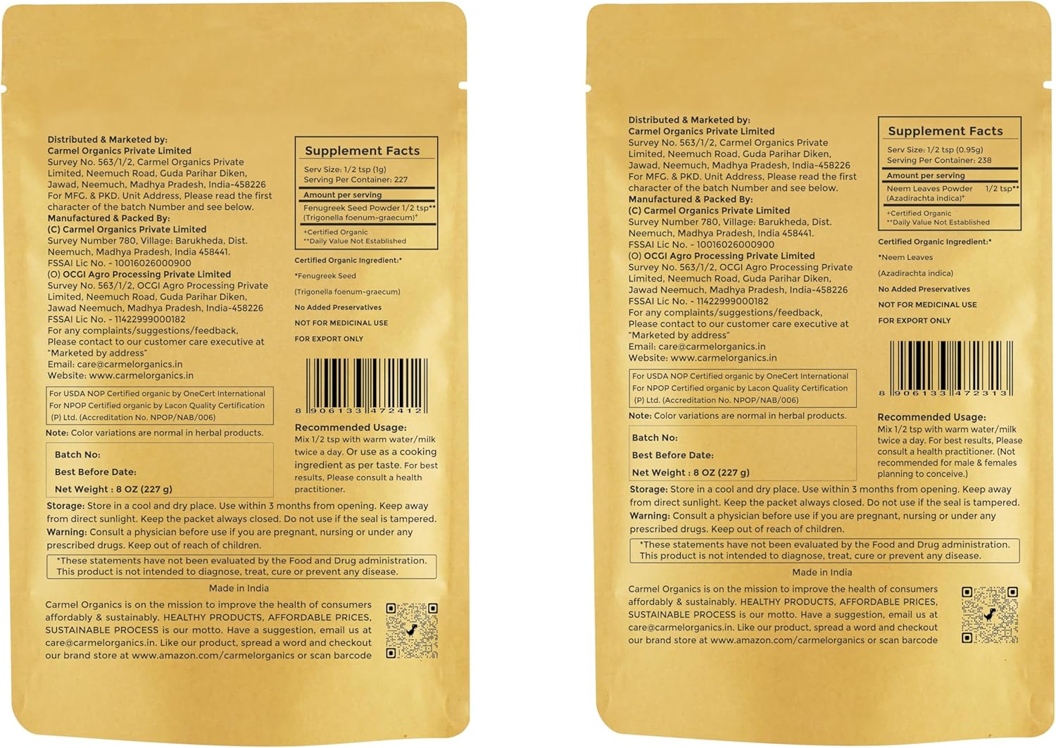 Combo de hojas de neem orgánicas en polvo y polvo de semillas de fenogreco (8 onzas cada uno) para tu cuidado de la salud, cuidado del cabello y