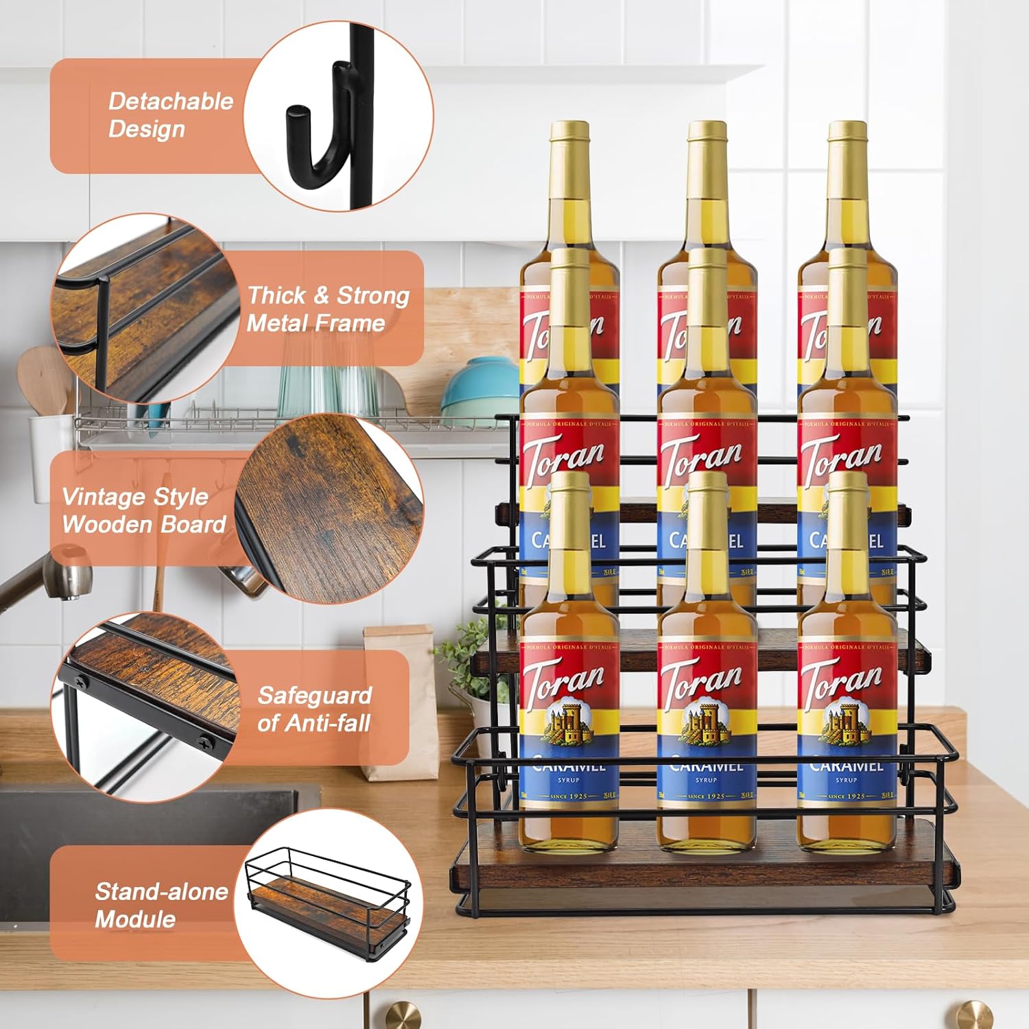 VANMEE Estante organizador de 9 botellas de jarabe de café, sin instalación, soporte de 3 niveles para botella de jarabe de café, estante de