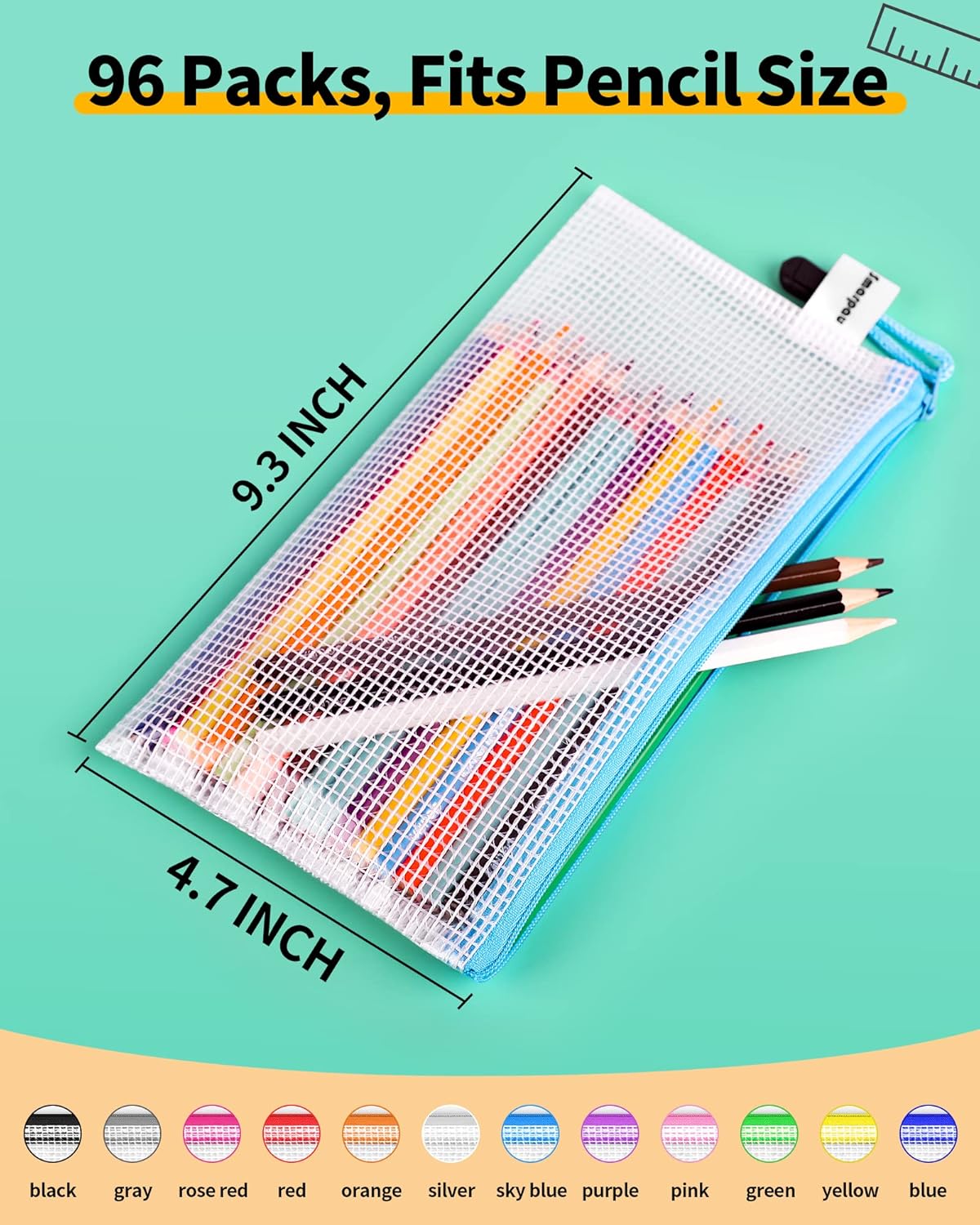Smarpau Paquete de 96 bolsas para lápices, 12 colores de 9.3 x 4.7 pulgadas, pequeñas bolsas de malla con cremallera, estuche transparente