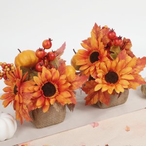 2 piezas de decoración de otoño para el hogar, plantas falsas en maceta de otoño con calabaza artificial girasol y hoja de arce, bayas y pino, ramo 2 piezas de decoración de otoño para el hogar, plantas falsas en maceta de otoño con calabaza artificial girasol y hoja de arce, bayas y pino, ramo