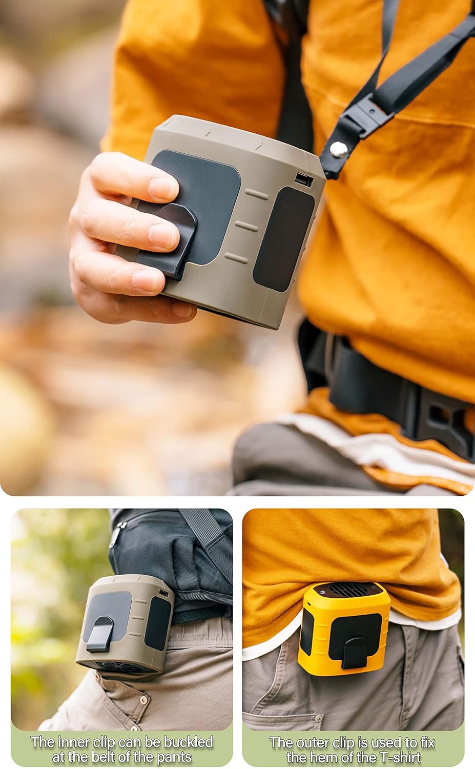 Ventilador personal portátil con clip de cintura, recargable por USB, batería de 8000 mAh anti-caída Powerbank y LED 3 en 1, enfriador de cuello de