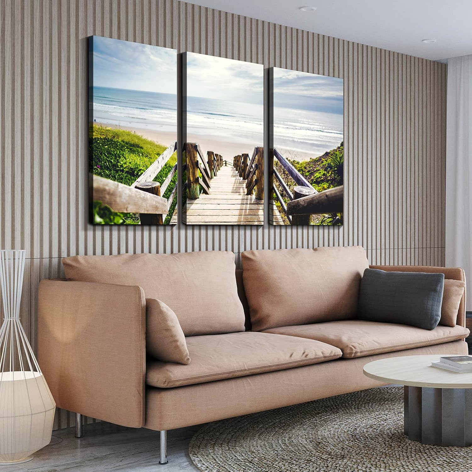 Denozer 3 paneles de arte de pared de camino de madera junto a la playa arte gráfico sobre lienzo envuelto para decoración de pared, estirado y
