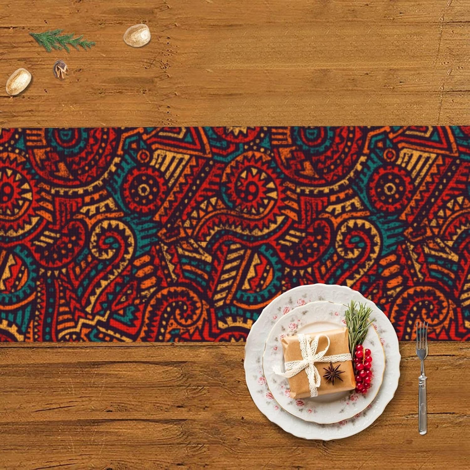 Camino de mesa de Navidad africano étnico y tribal, decoración de mesa de comedor, decoración de Navidad, decoración de interiores del hogar,