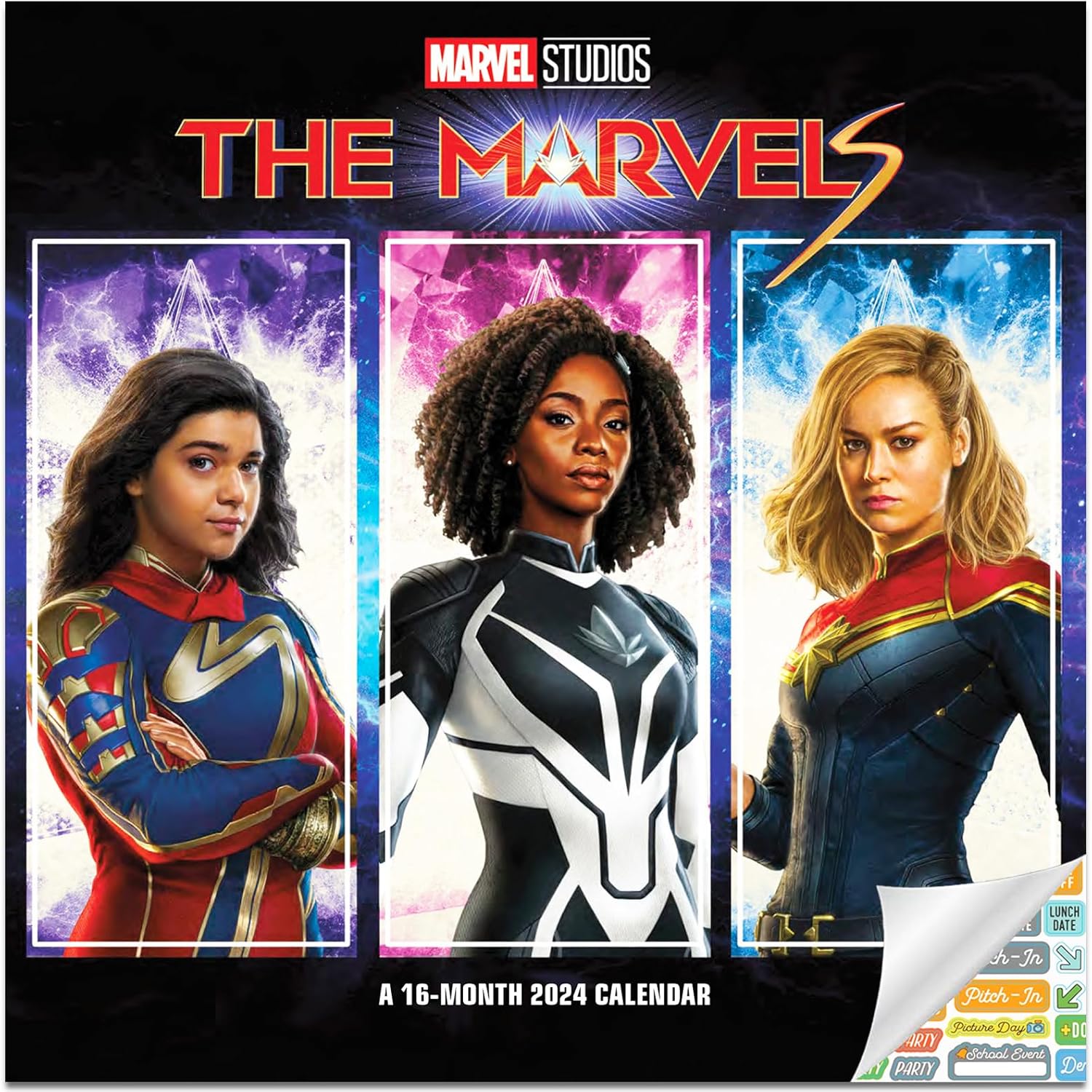 Calendario de Capitana Marvel 2024  Paquete de calendario de pared de lujo de Capitán Marvel 2024 con más de 100 calcomanías de calendario (regalos
