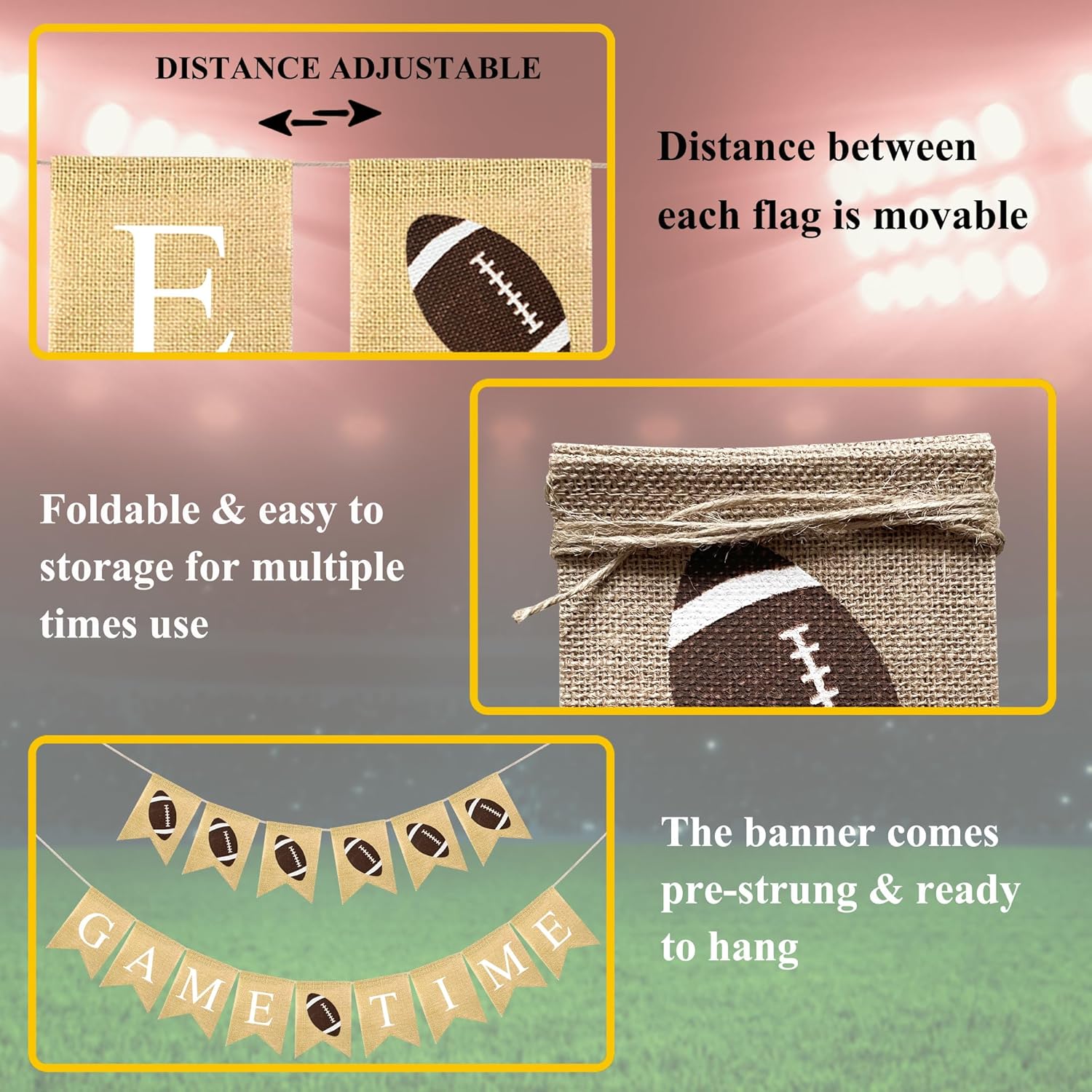 2 unidades de arpillera para juegos de fútbol, guirnalda de banderines de fútbol, pancarta temática de fiesta de fútbol rústico, decoración de