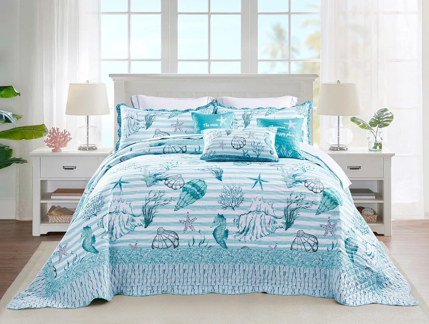 HZ & HY Coastal – Colcha extragrande extragrande de 128 x 120 pulgadas, extra ancha, ropa de cama ligera para playa, colcha náutica, costuras