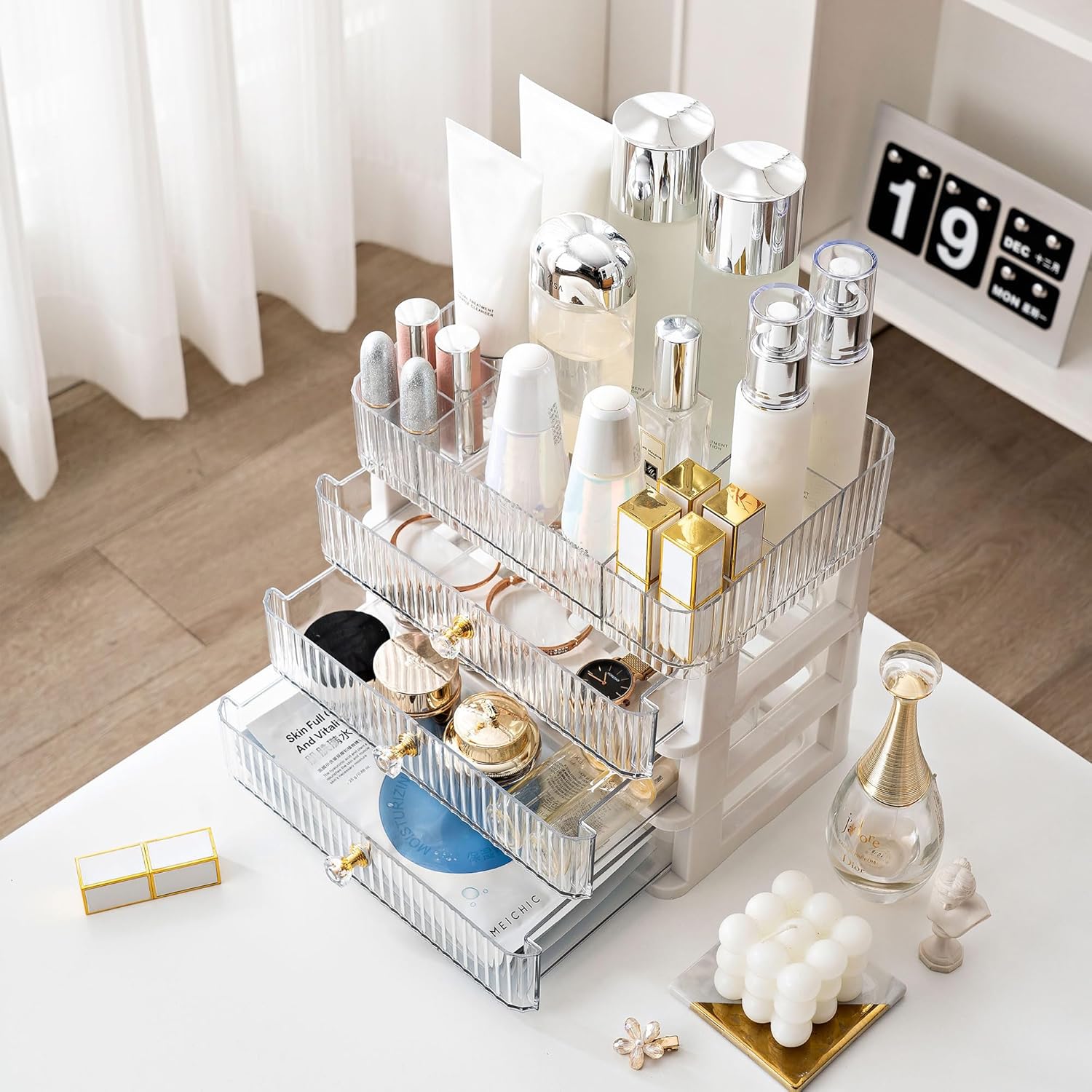 Organizador de maquillaje con 3 cajones, contenedores de almacenamiento de cosméticos para dormitorio universitario, baño, dormitorio, tocador,