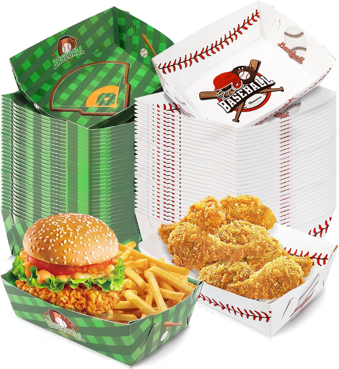 Paquete de 60 bandejas de comida de béisbol, decoraciones de fiesta de béisbol, bandeja de papel desechable para servir alimentos, botes nachos para