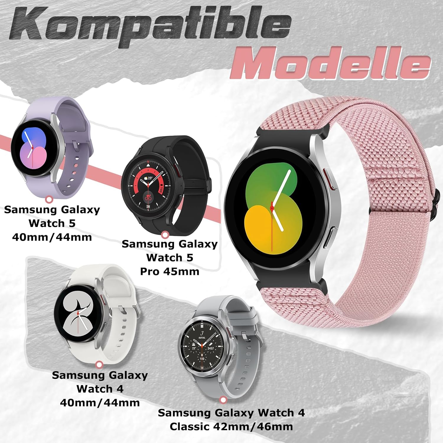 Correas elásticas de reloj compatibles con Samsung Galaxy Watch 654 de 1.575 pulgadas, 1.732 pulgadas, Galaxy Watch 6 Classic de 1.732 pulgadas,