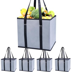 MUS – Bolsas de compras plegables para comestibles con parte inferior y asas reforzadas, 5 bolsas reutilizables para comestibles MUS – Bolsas de compras plegables para comestibles con parte inferior y asas reforzadas, 5 bolsas reutilizables para comestibles